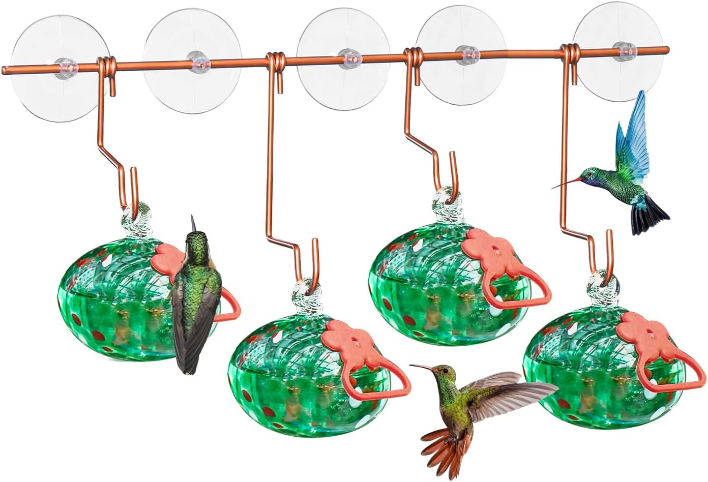 Window Hummingbird Feeder with Suction Cups,Hand-Blown Glass Hummingbird Feeders for Outdoors Window Mounted with Metal Hook,Close Bird Watching,Finch in Garden,Yard(Green)