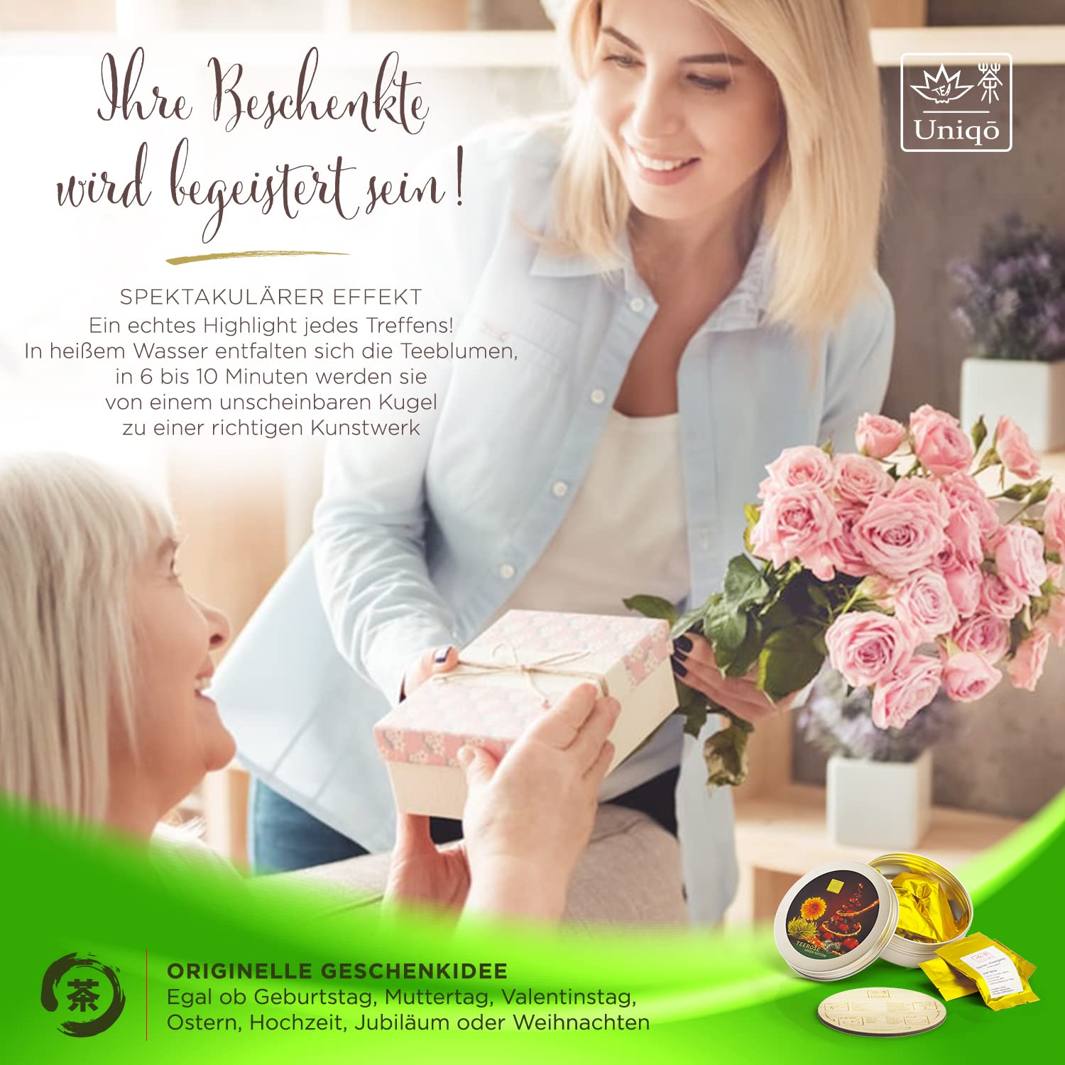 TEEROSE - herbata kwiaty zestaw upominkowy edycja Xmas-Edition na Boże Narodzenie, 6 różnych róż w złotej metalowej puszce, zielona herbata z różnymi kwiatami, wraz z podstawkami z bambusa i zaleceniami przygotowywania