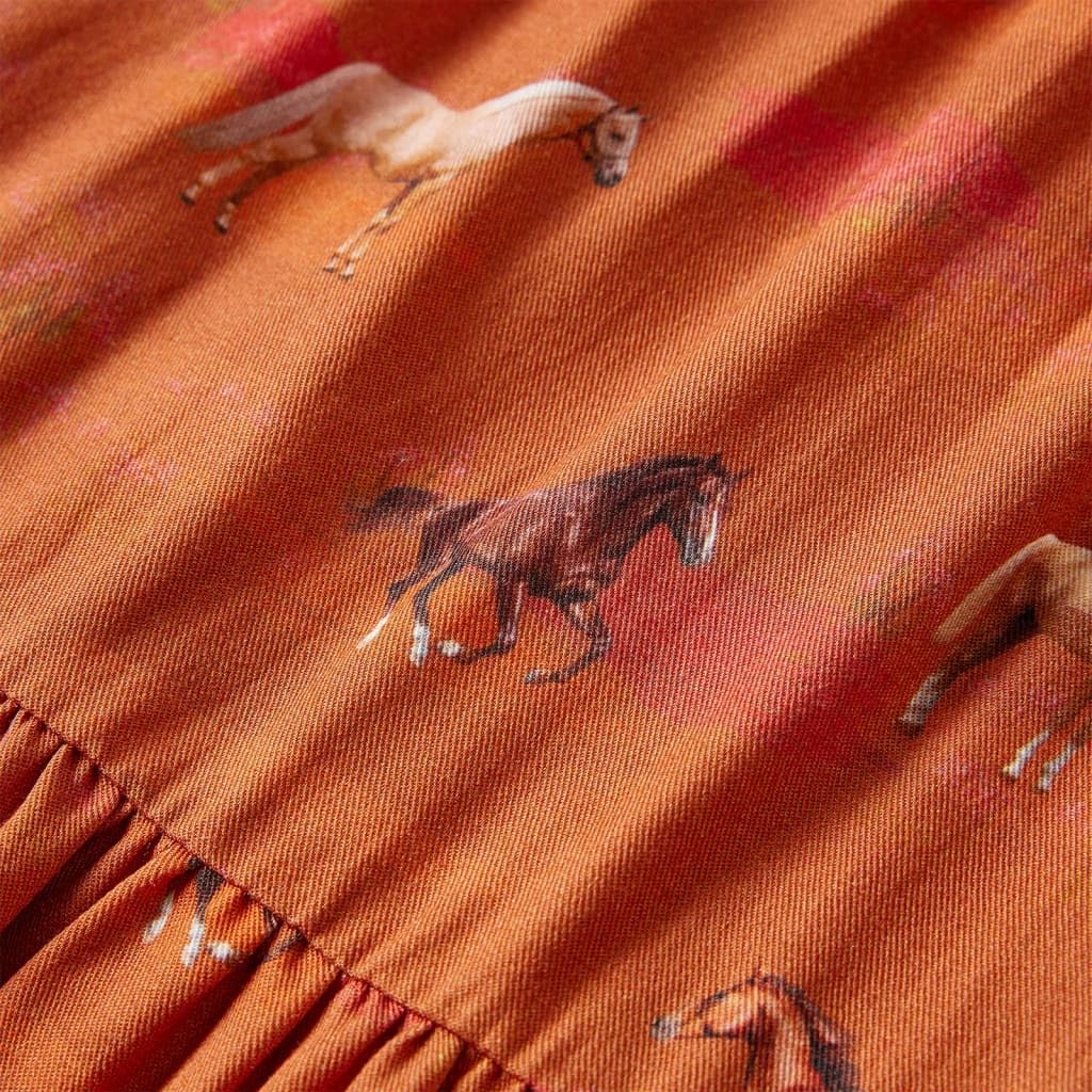 Vestido infantil para niña, manga larga, 100% lyocell en coñac, con estampado de caballo, cuello alto, cierre de botones, talla 140, para uso diario, escuela, festivo, cumpleaños, fiesta
