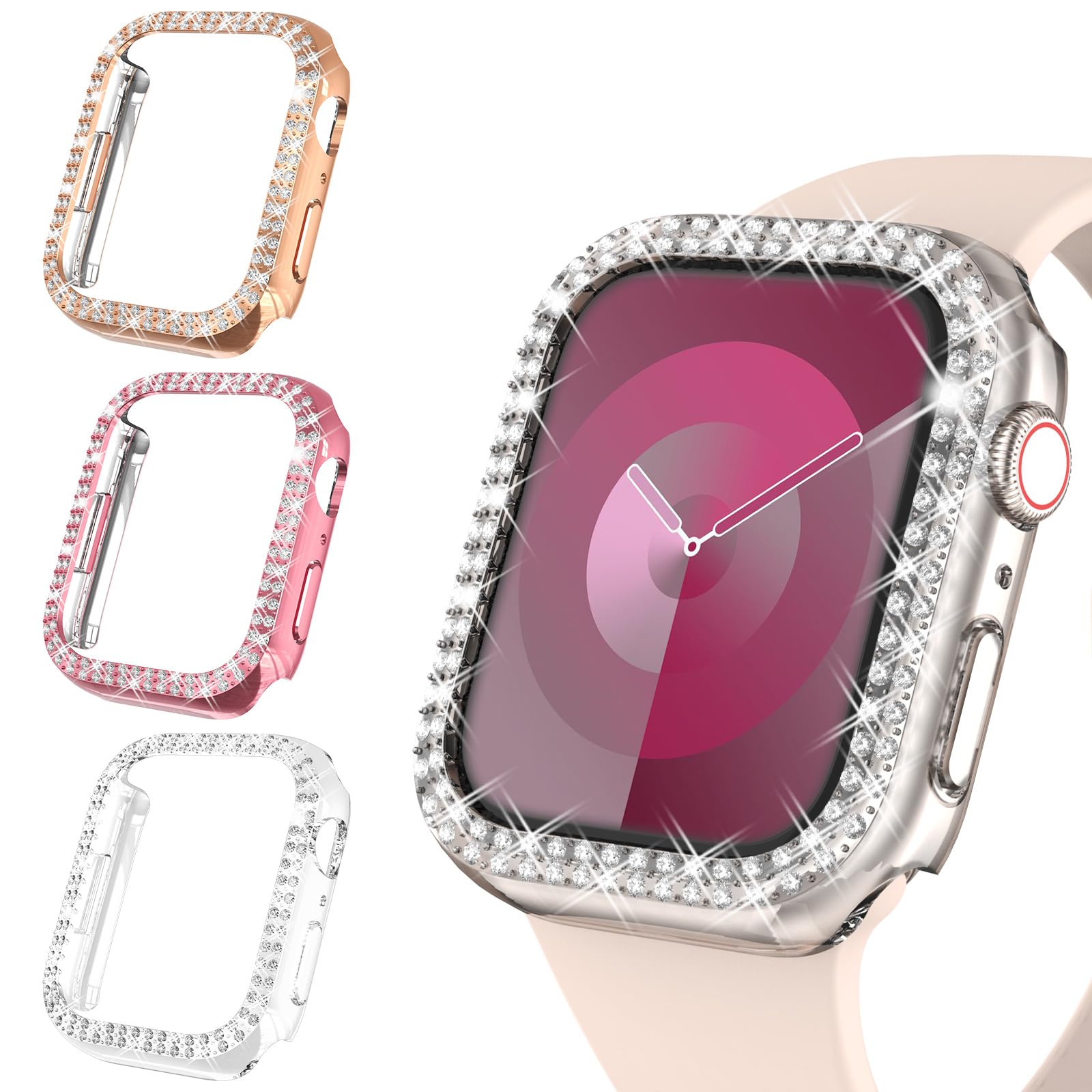 WINGLE Compatible with Apple Watch Screen Protector 44mm SE 3 2 1/ Series 6 5 4, Women Shiny Diamond Cover with Tempered Glass Screen Protector for Apple Watch Case 44mm,Clear — view 17