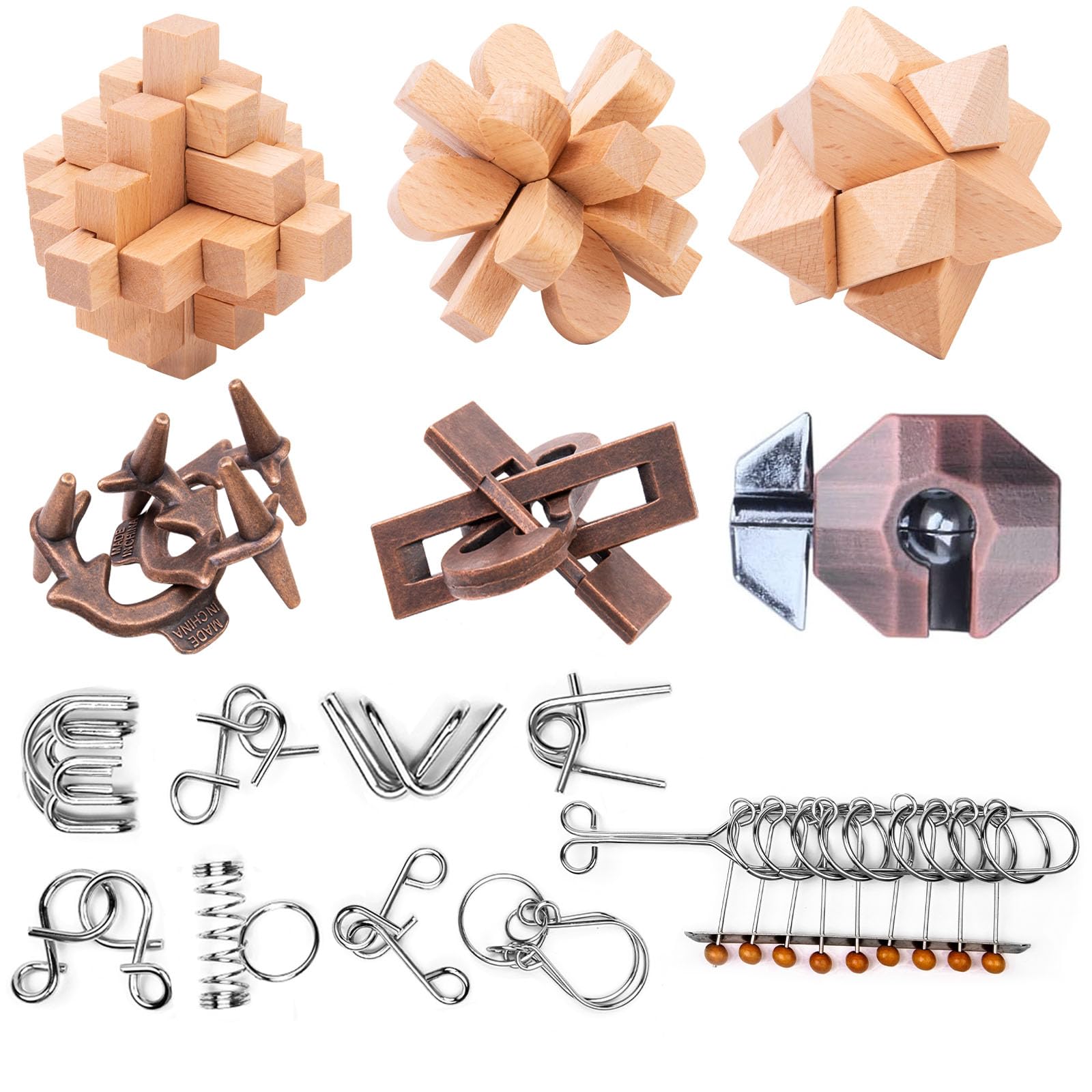 Wooden Brain Teaser Puzzles - Metal Unlock Interlock Game, IQ Logic Test Puzzles Game, 3D Puzzle Toy Brain Teaser for Kids and Adults, Mind Educational Toy Travel Games [15pcs of Pack ]