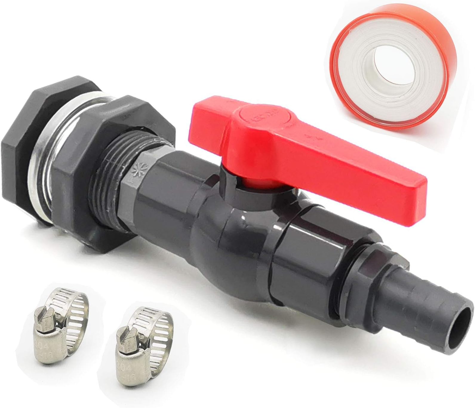 Da by Rain Barrel Spigot Faucet Kit PVC Bulkhead Fitting with Ball Valve and Garden Hose Adapter Barb 20mm(3/4") OD and Stainless Steel Pipe Clamps and Thread Seal Tape(kit fits 20mm ID Hose)