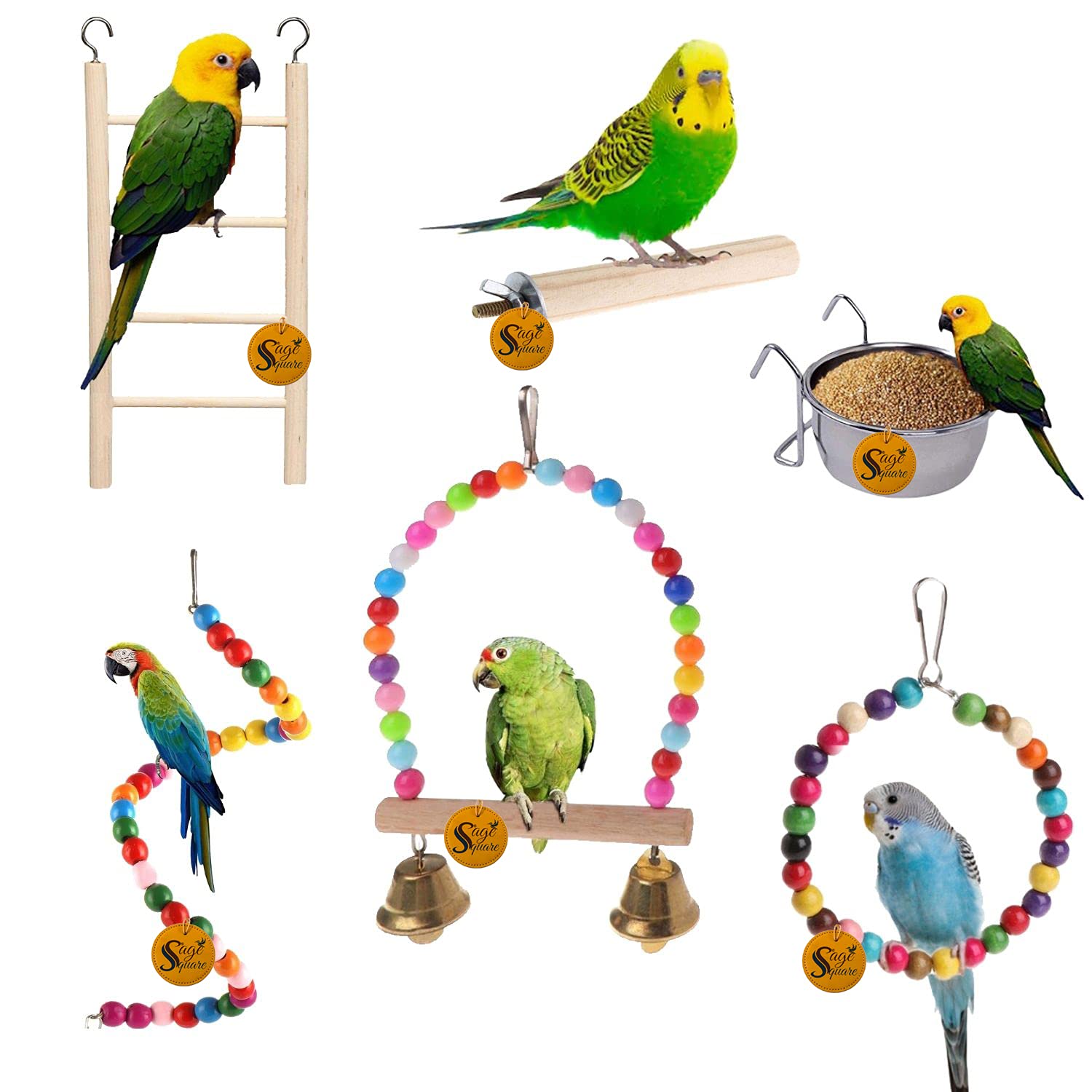 Sage Square Wooden Bird Toys Combo | Ladder, Bowl, Perch, Swing, Hanging Cage Accessory | for Budgie, Parrot, Cockatiel, Parakeet, Conure, Macaw etc (B092PTGYWV) Amazon Price History, Amazon Price Tracker