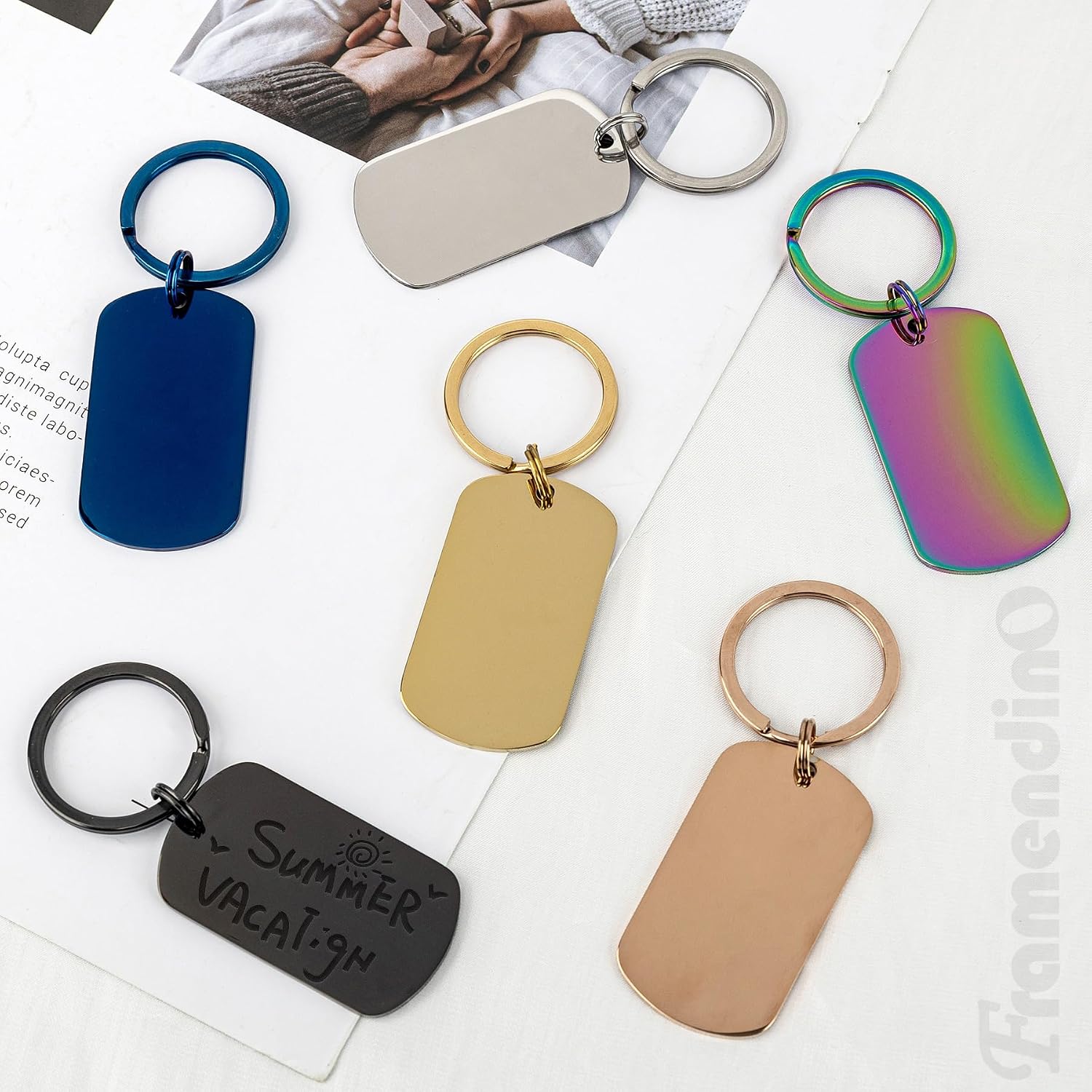 Framendino, 12 Pack Metal Engravable Keychain Blank Laser Engraving Key Chian Stamping Tags for DIY Rectangle Shaped 6 Color