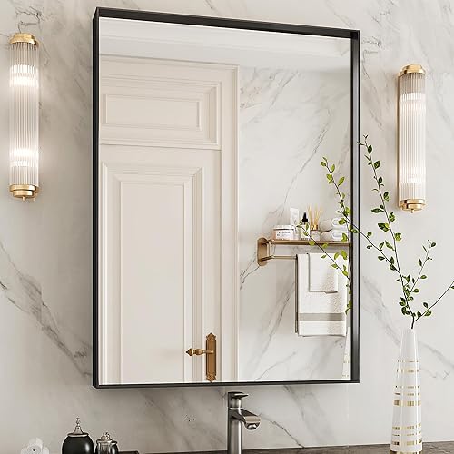 Suidia Espejo de Baño, Espejo de Pared de Metal Enmarcado de 30" x 22", Espejo de Tocador de Baño para Sala de Estar Dormitorio Baño Entrada, Negro,