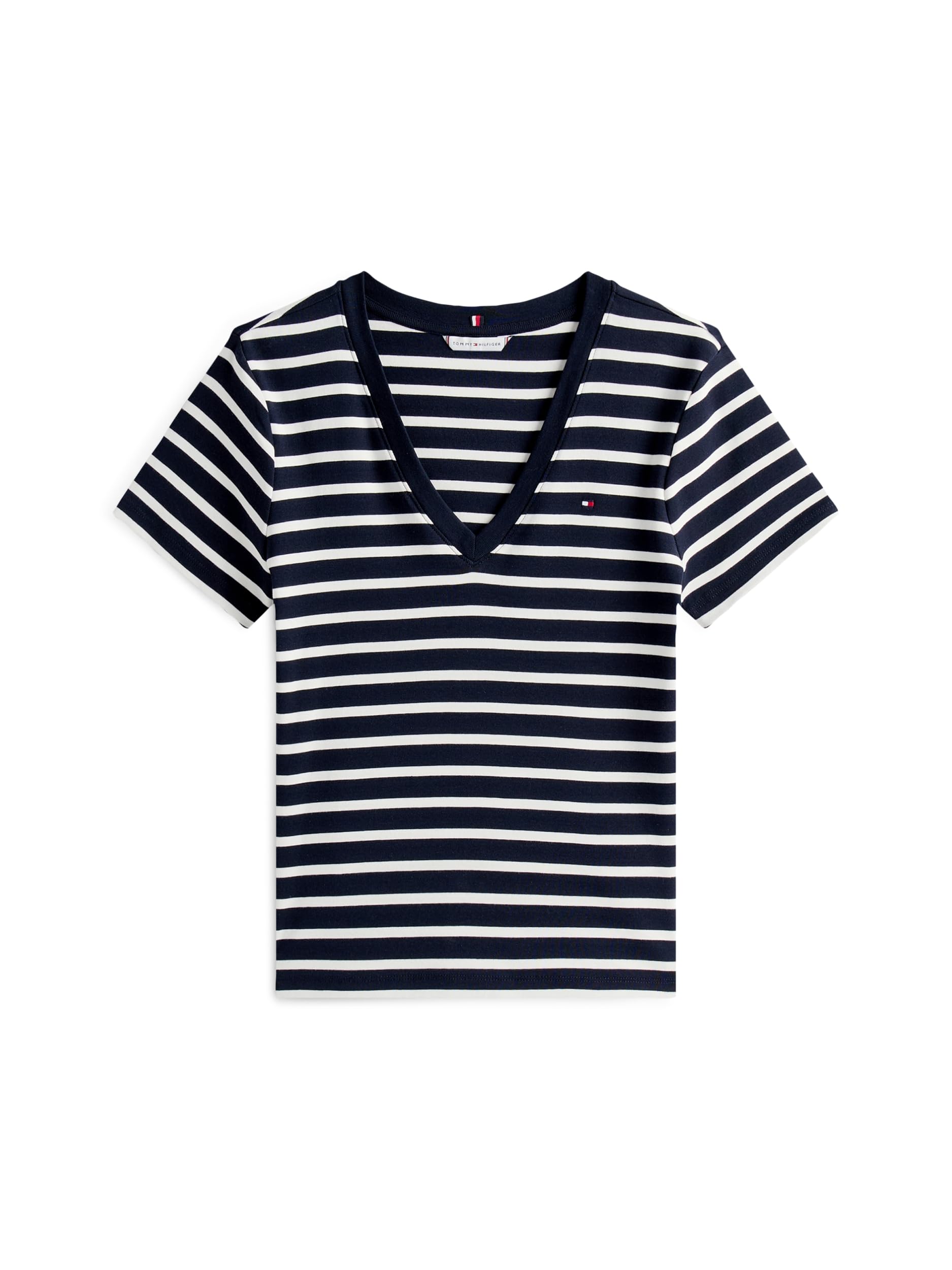 Tommy Hilfiger T-​Shirt Manches Courtes Femme New Slim Cody Col en V, Multicolore (Nos Breton Desert Sky/​Ecru), S