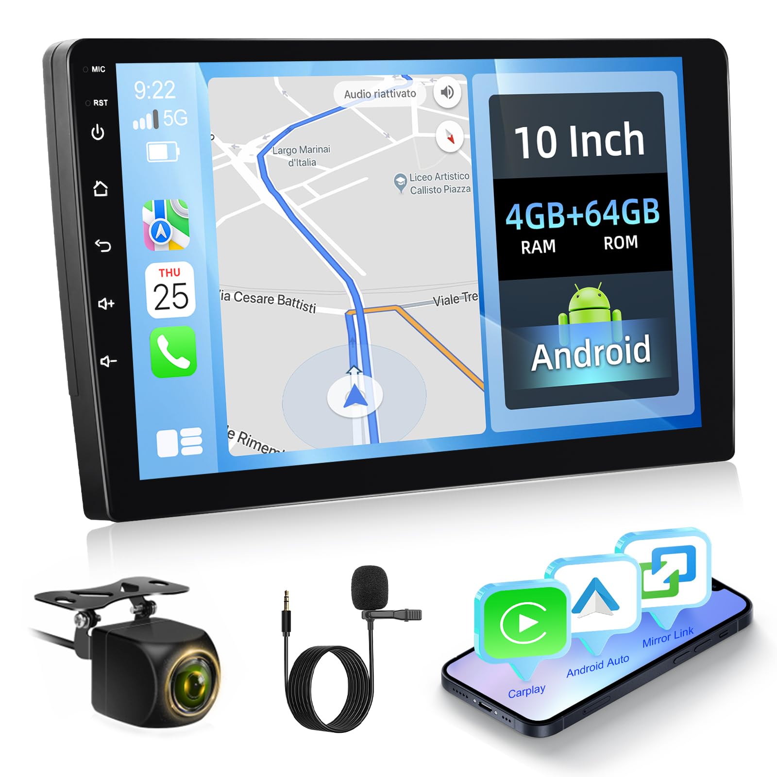 Photo 1 of 8 Core 4G+64G Android Double Din Car Stereo with Wireless CarPlay & Android Auto, Volxcereo 10 inch Touchscreen Radio with GPS Navigation, WiFi, Bluetooth 5.1, SWC, EQ, FM/RDS