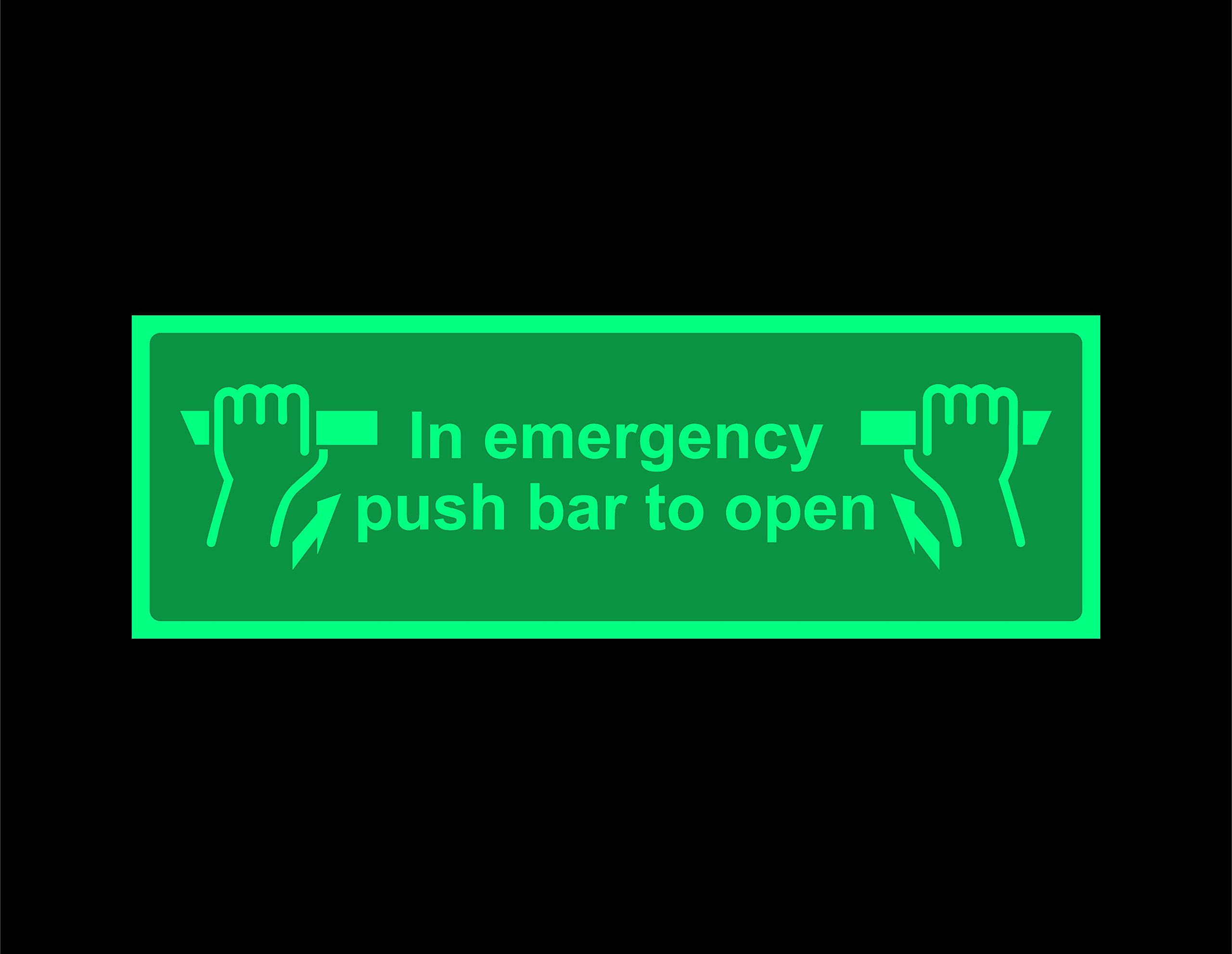 In emergency push bar to open Safety sign - 300mm x 100mm 1.2mm Photoluminescent rigid plastic with self adhesive backing