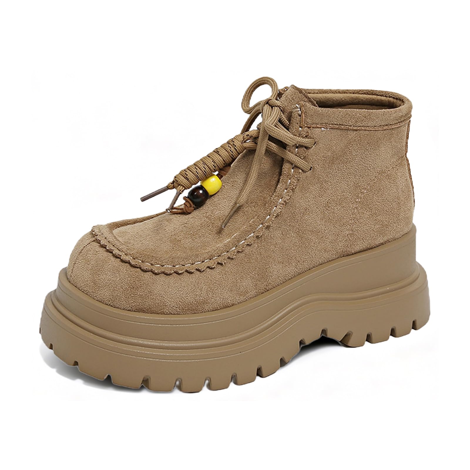 Womens Suede Chunky Platform Ankle Boots with Beaded Fashion Comfort Round Toe Height Increase Block Heel Lace Up