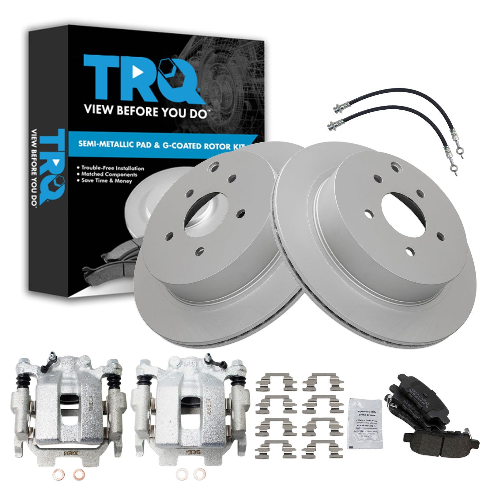 TRQ Rear Brake Pad and Rotor Set Semi Metallic Coated Rotors Calipers Compatible with 2012-2013 Infiniti M35h 2011-2013 M37 M56 2014-2018 Q50 2017-2018 Q60 Q70 2016-2018 Q70L