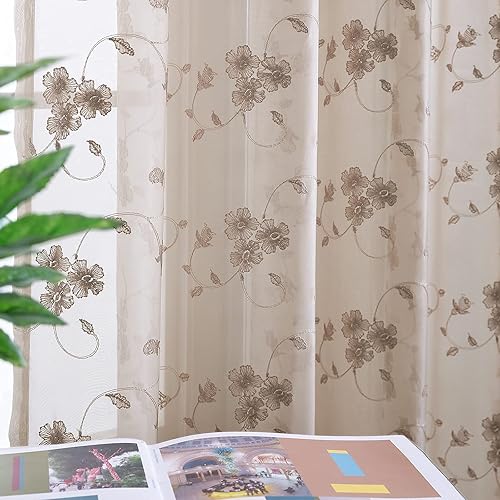 Lazzzy Sheer Curtains for Living Room Embroidered Voile Window Curtain with Floral Design 84 inch Bedroom Kitchen Rod Pocket Window Treatment Sets 1 Pair Taupe