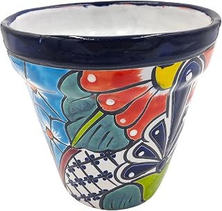 Cactus Canyon Ceramics MACETA RANCHERA #20 Mexican Talavera Planter Pot (7.75" W x 7.75" L x 8" H) Hand Painted - Dark Blue Trim - Mexican Decor Planter