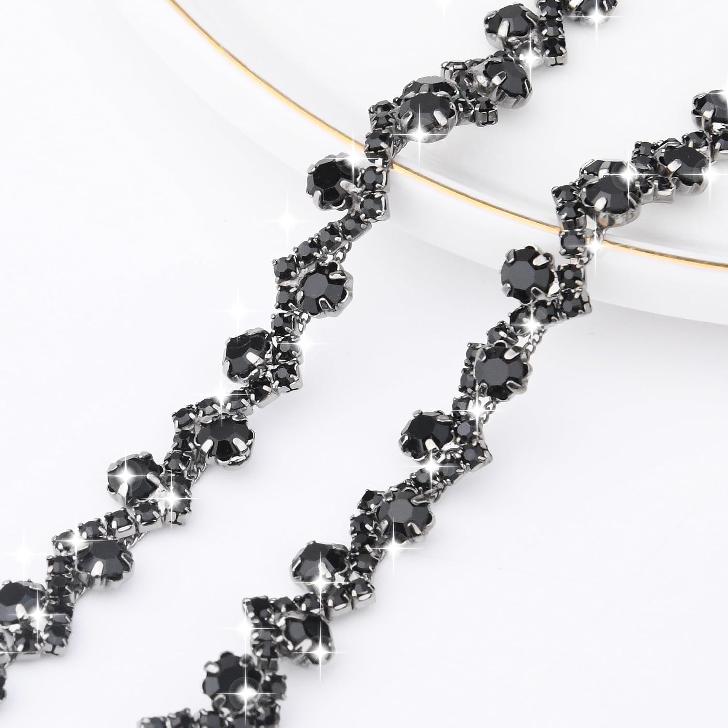 3 Yards Rhinestone Trim Crystal Chain, 0.35" Wave Glass Rhinestone Applique, Sewing Embellishments for Gothic Clothing, Punk DIY Crafts, Shoes & Bags Black