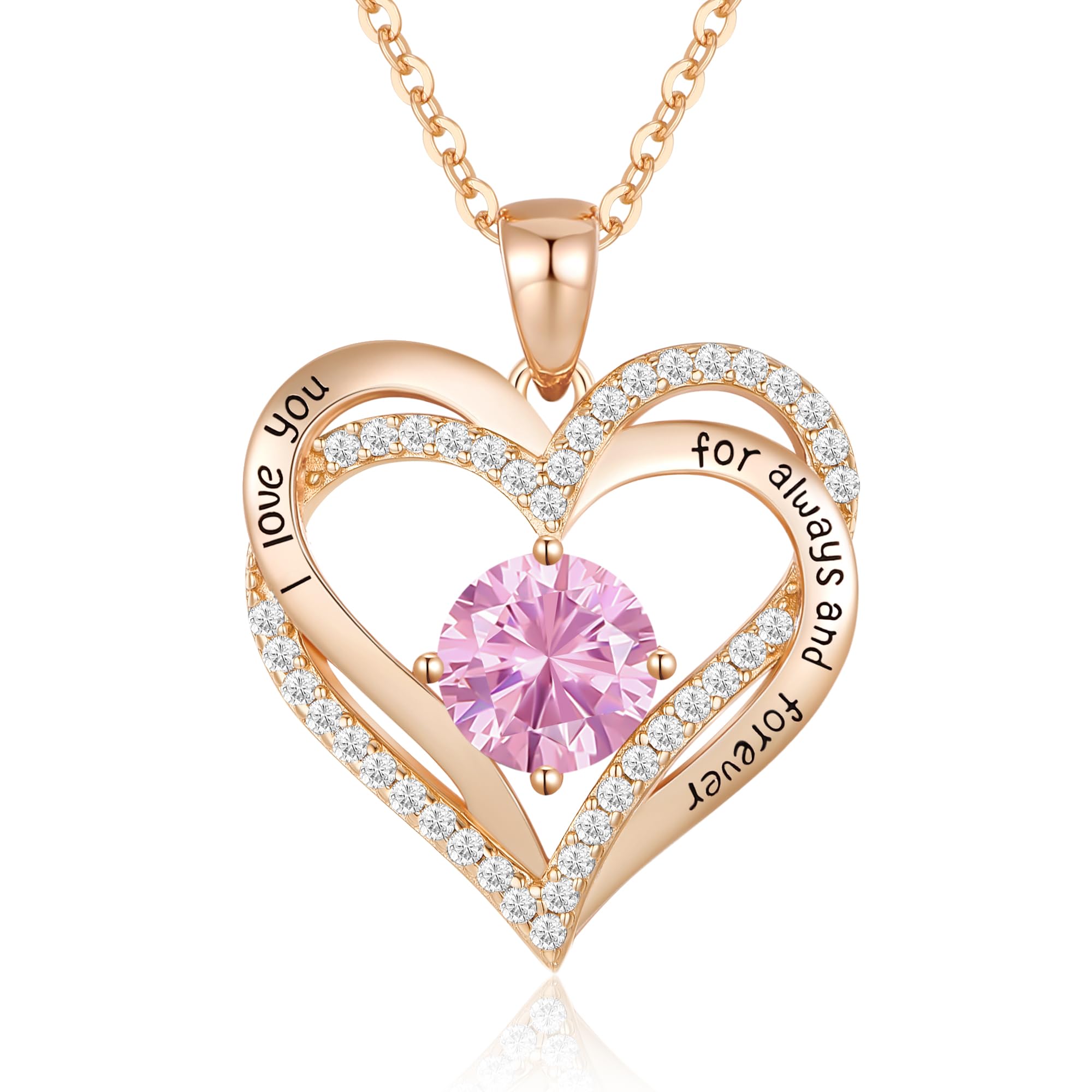 Necklaces for Women Birthstone Pendant, Sterling Silver Love Heart Rose Gold Jewellery Gifts for Mum Her Wife Girlfriend Anniversary Birthday Mothers Day Christmas Valentine's Day