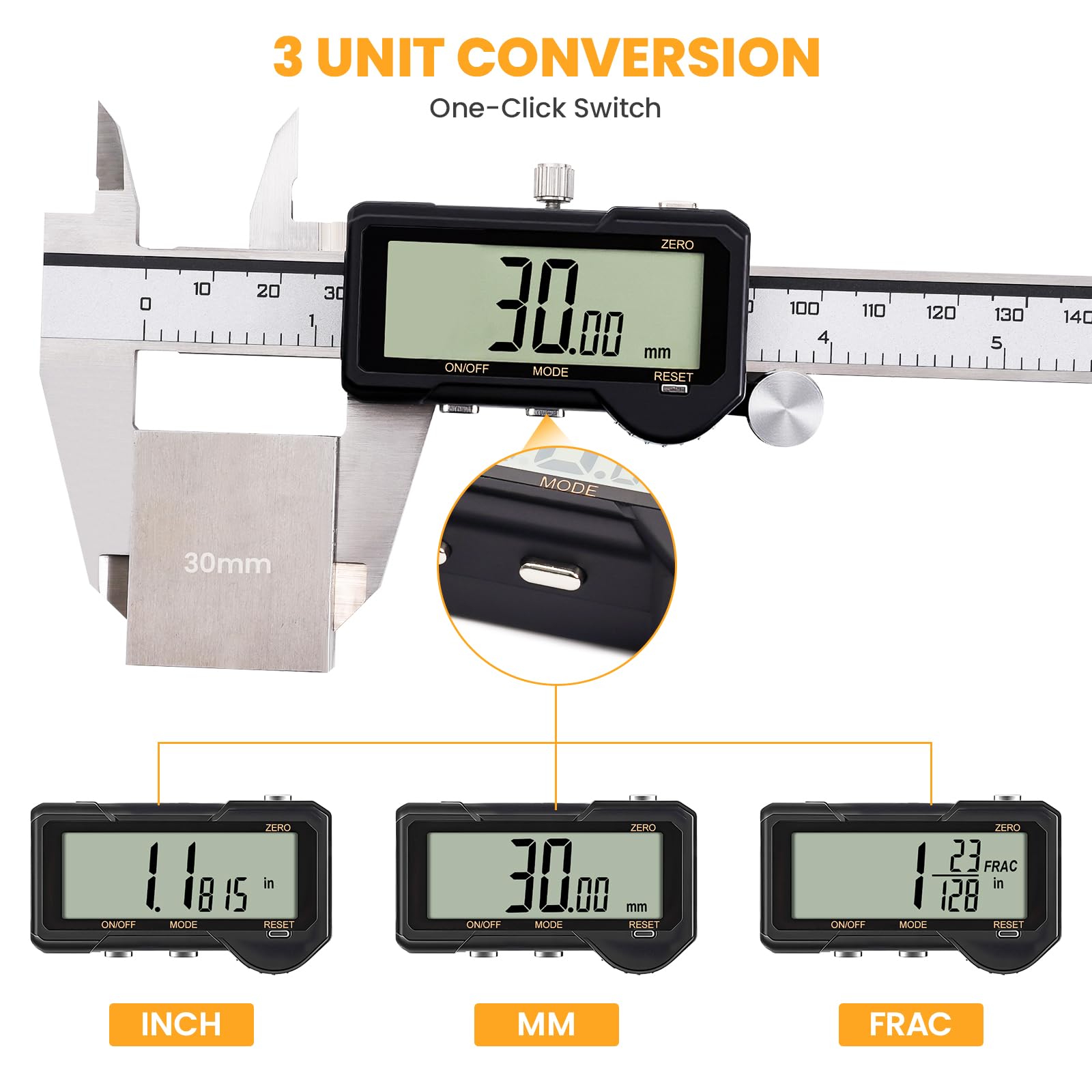 HARDELL Calibrador digital recargable, Pie de Rey Digital de 6 pulgadas con reinicio, herramienta de medición con conversión de mm/pulg/F, apagado automático, micrómetro con pantalla grande