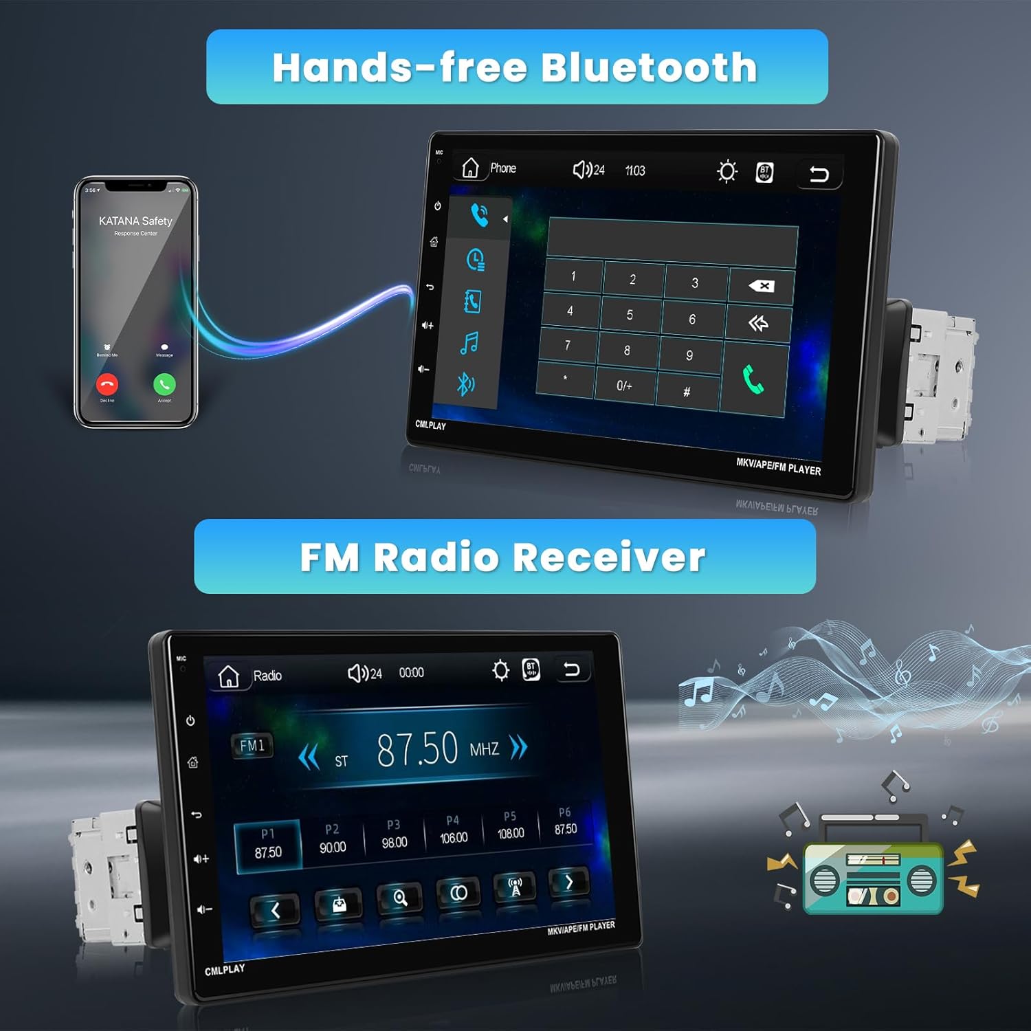 Inefala car stereo showing Bluetooth call interface and FM radio tuner