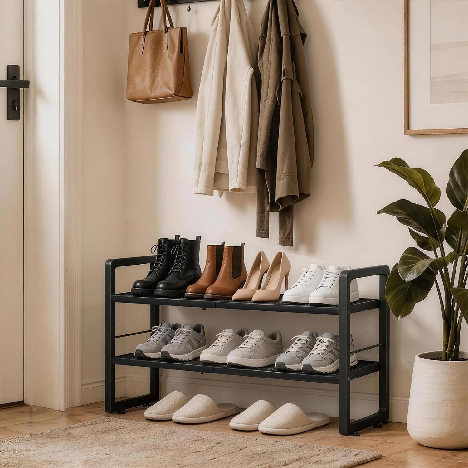 2 Tier Shoe Rack, Expandable Shoe Organizer for Entryway, Stackable Shoes Stand with Mesh Metal Shelves for Closet Entryway, Black