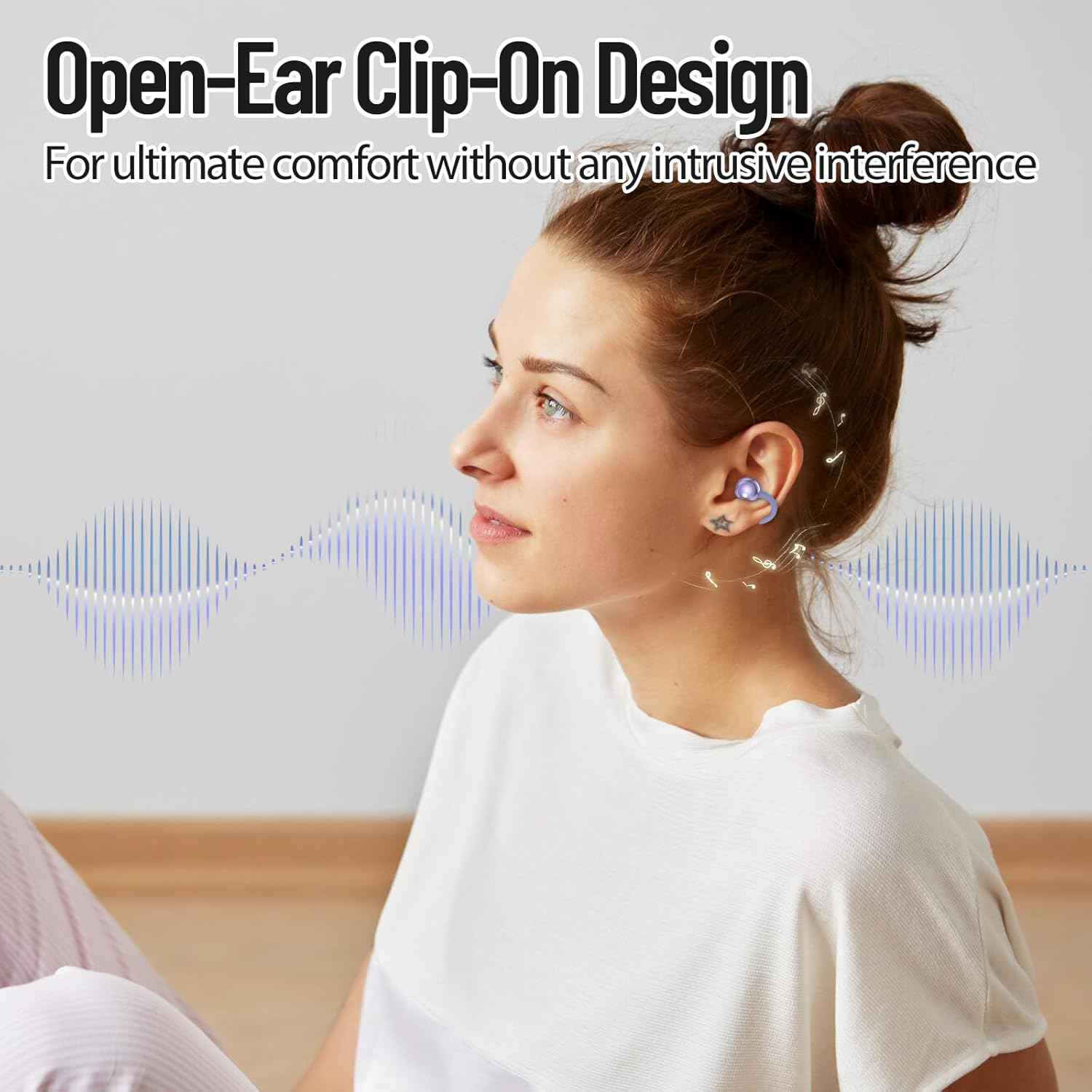 Woman wearing PTHTECHUS S6 Open Ear Headphones, showing clip-on design