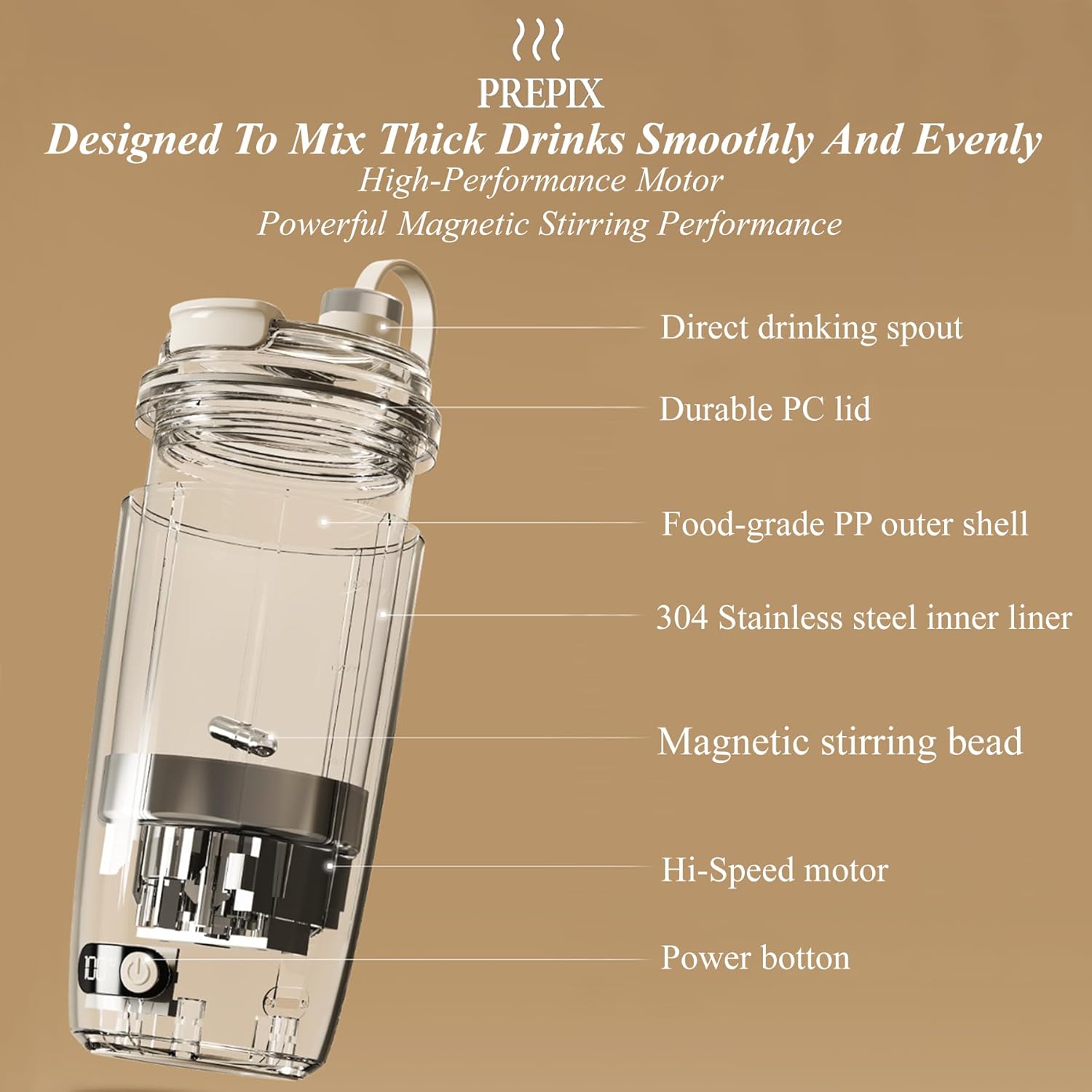Prepix Self Stirring Mug, USB-C Rechargeable Automatic Mixing Coffee Mug, Stainless Steel Insulated Travel Mug with Electric Stirrer & Spill-Proof Lid, for Coffee, Hot Chocolate, Matcha & Tea, 14oz - Image 3