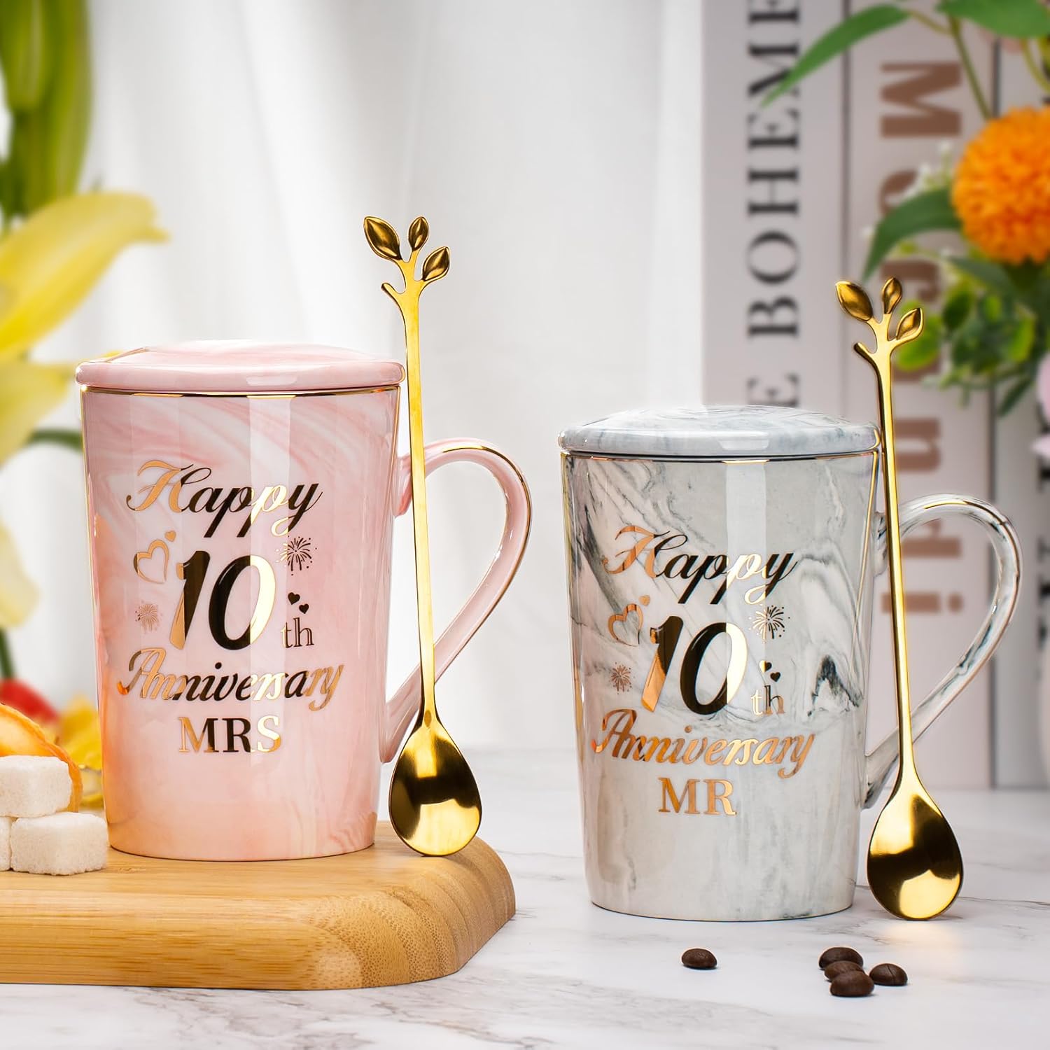 10th Wedding Anniversary Cup Gifts, 10 Years Anniversary Wedding Gifts 2PCS Happ 10th Anniversar-y Mr Mrs Present Marble Ceramic Cups 14oz with Giftbox, 10t-h Anniversar-y for Couple Gif-ts - Image 4