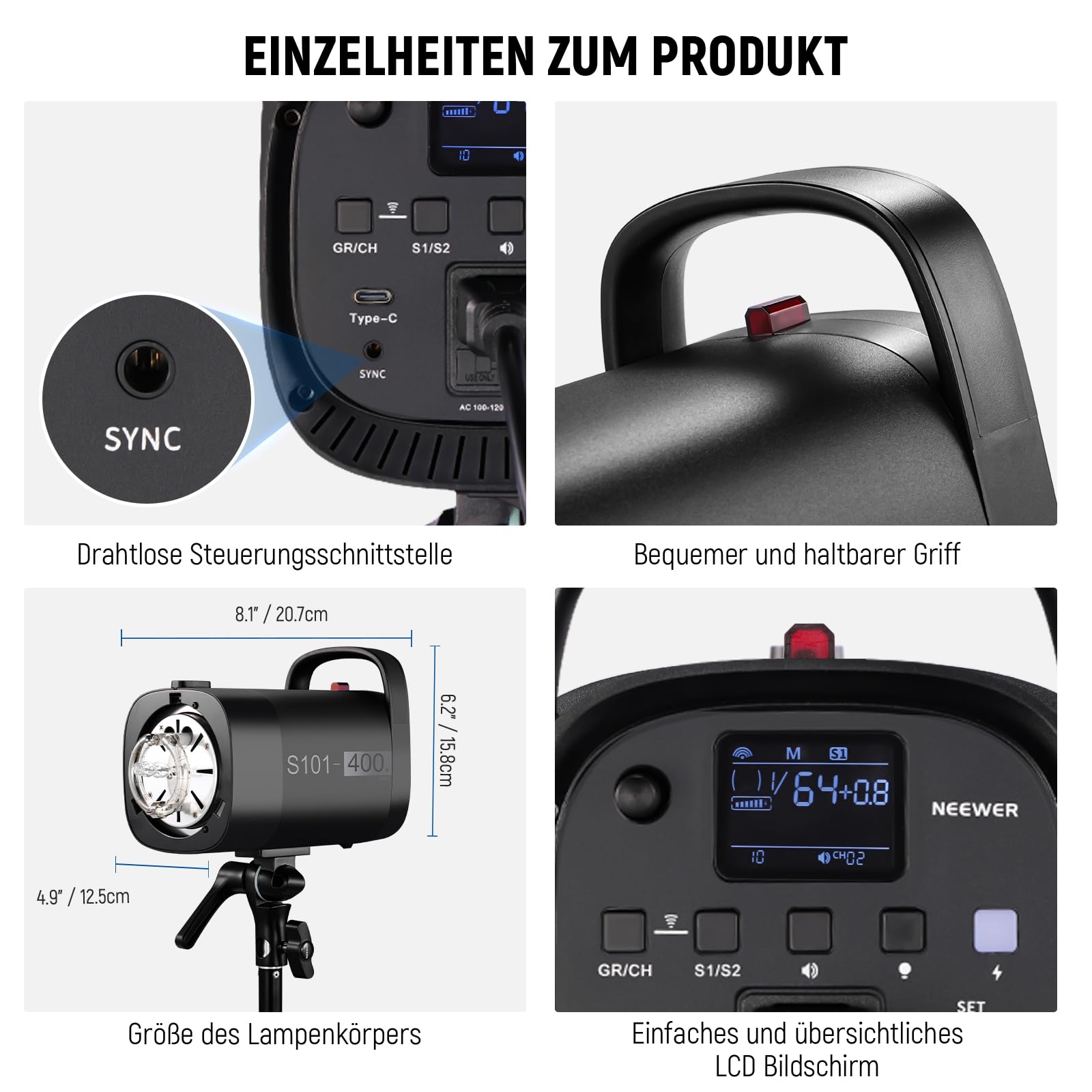 NEEWER 800Ws Studio Monolight Strobe Flash Set: 2er Pack S101-400W PRO 5600K Blitzlicht Studio mit 2,4G Auslöser/150W Einstelllampe/Bowens Mount/Softboxen/Ständer/Reflektor/Tasche, kompatibel mit QPRO