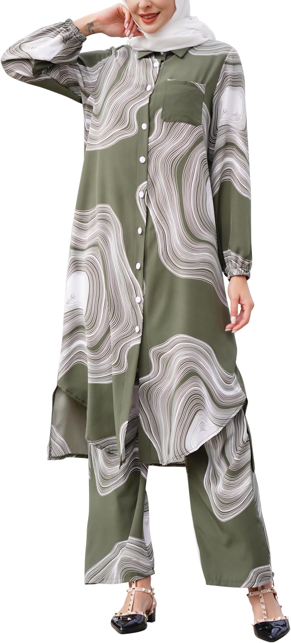 IDOPIP Abaya Dress for Women Muslim Set Long Sleeve Chiffon Islamic Dress Shirt with Pants 2PCS Dubai Prayer Casual Clothes