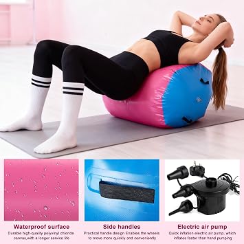 Air Roller Inflatable Gymnastics Tumbling Barrel, Gymnastics Mat Air Barrel with Electric Pump, Tumble Track Mat Backbend Trainer, Back Handspring Mat for Yoga Gym Training Backflip Home Use, 70*90cm