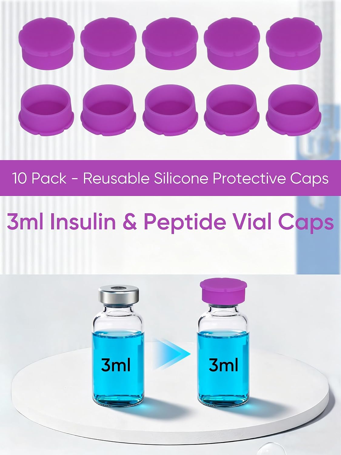 10Pcs 3ml Vial Caps for Peptide Storage, Silicone Protective Caps, Purple
