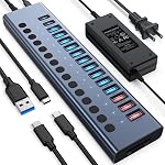 Powered USB Hub 10Gbps, 17 Ports 96W USB 3.2 Hub(10 USB-A 3.2 Ports+3 QC 24W Fast Charging Ports+2 USB-C 3.2 Ports+SD/TF Card Reader), 12V/8A Power Adapter for Laptop, PC, Computer, HDD,Flash Drive