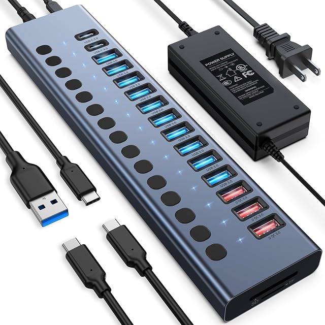 Powered USB Hub 10Gbps, 17 Ports 96W USB 3.2 Hub(10 USB-A 3.2 Ports+3 QC 24W Fast Charging Ports+2 USB-C 3.2 Ports+SD/TF Card Reader), 12V/8A Power Adapter for Laptop, PC, Computer, HDD,Flash Drive