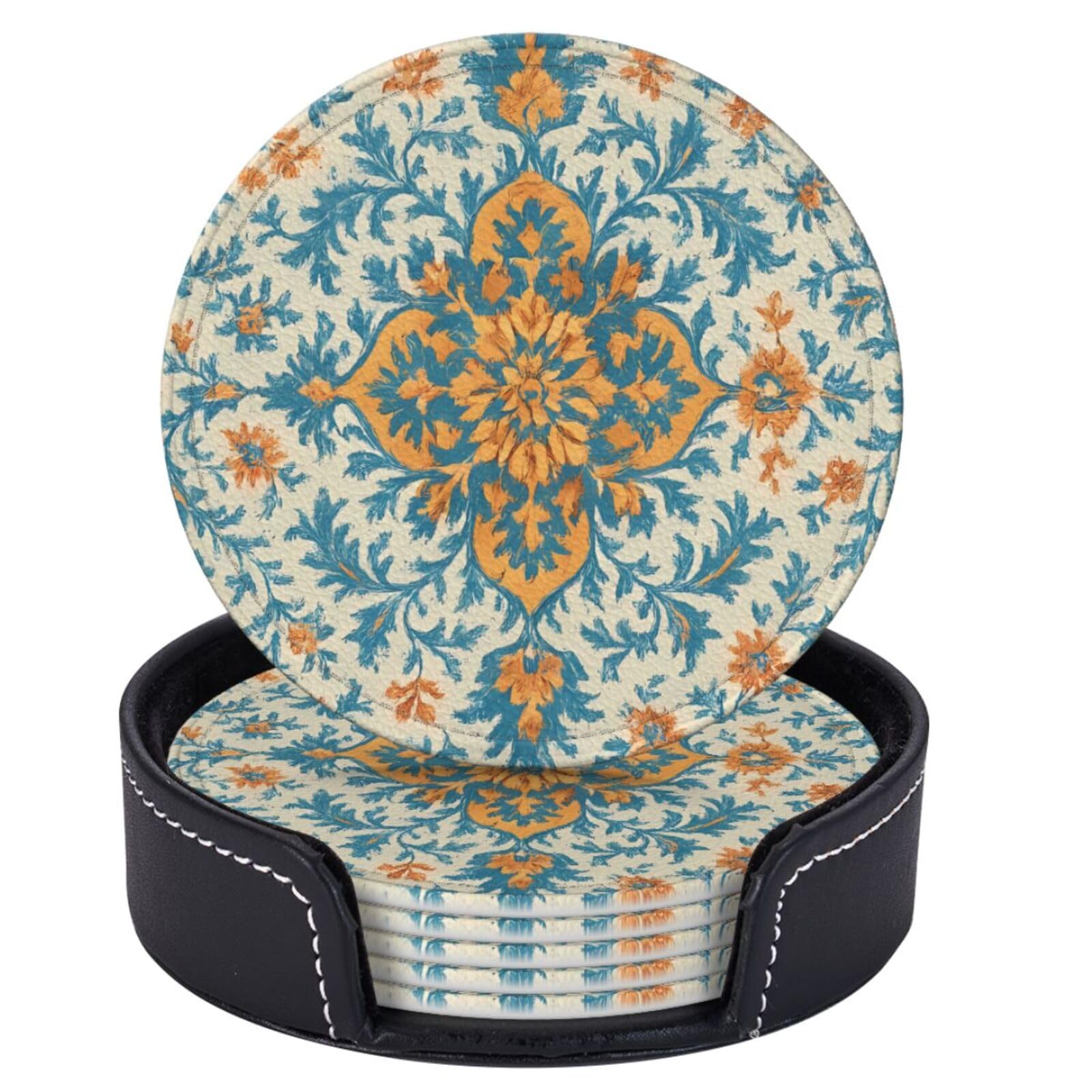 Dessous de verre ronds en cuir lot de 6 avec support au style ethnique bohème
