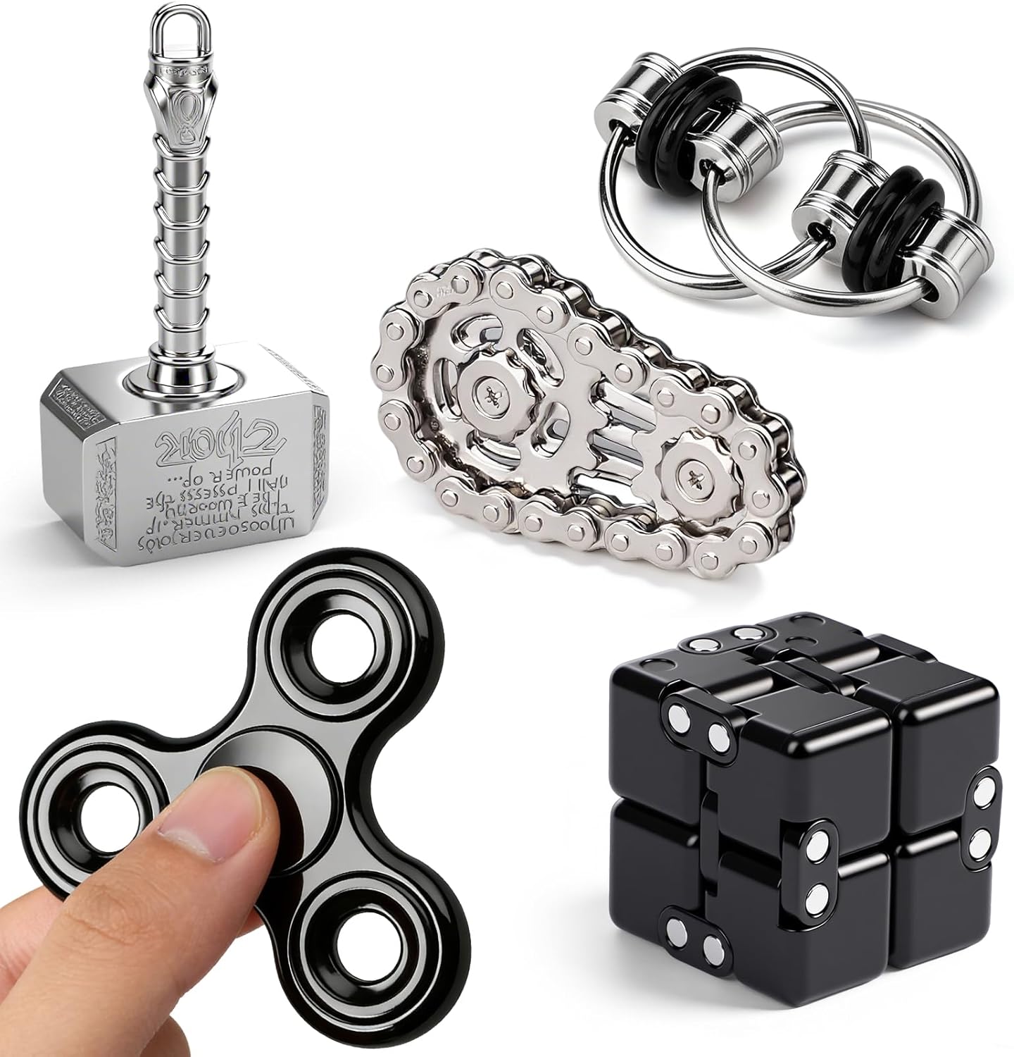 5 Pcs Fidget Toys Teen & Adult Metal Fidgets Spinner Infinity Cube Cool Hammer Hand Spinner Gadgets Office Desk Toy Stress Relief Sensory Items for Autism Anxiety Stocking Stuffers for Gift image 8 of 8 B0FX81BBZ2
