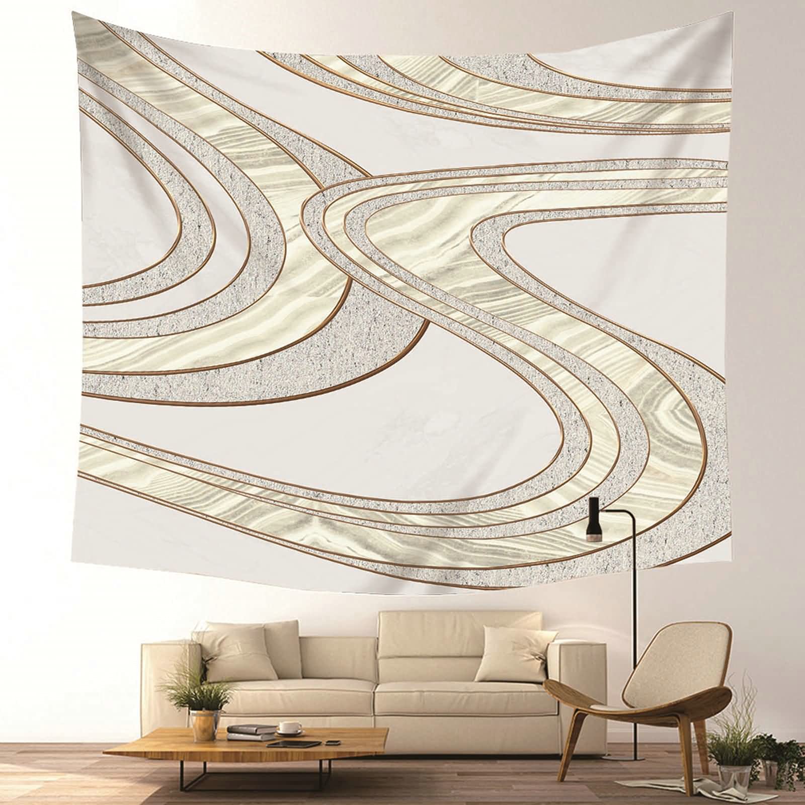Tapiz de pared, diseño de líneas geométricas, decoración de pared, de poliéster, gris, caqui, 350 x 256 cm