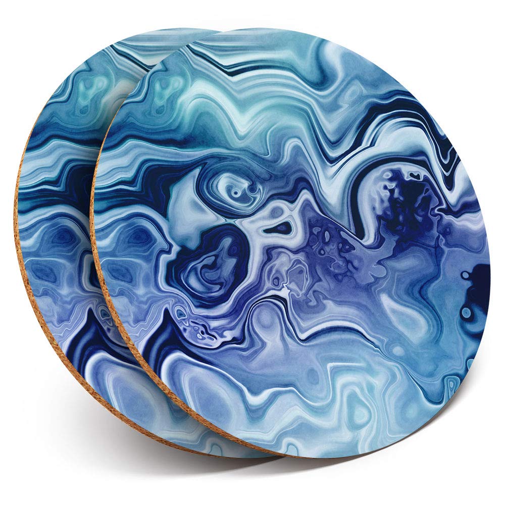 2 x Round Coasters - Blue Ocean Ink Art Marble Effect - Cork Backed Home Kitchen Accessory Tea Coffee Mug Mat #21515