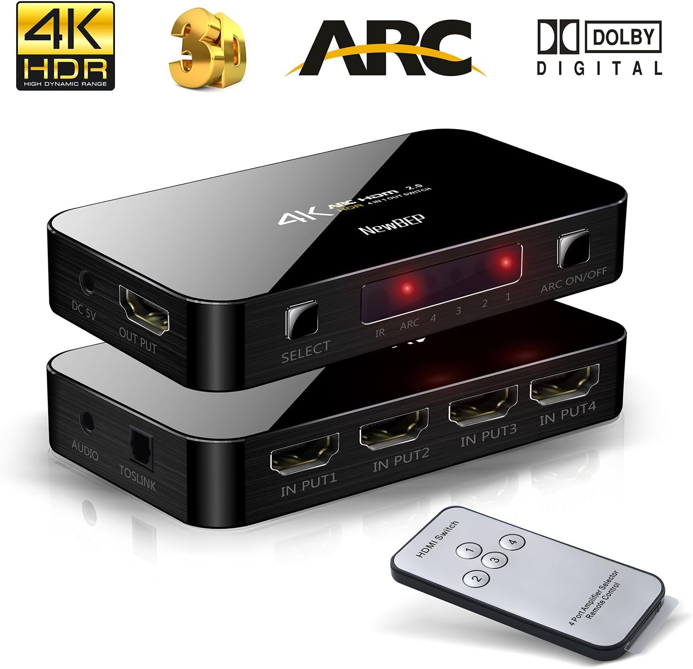 4X1 HDMI Switch with Audio Optical TOSLINK Out, NewBEP 4K Ultra HD 4 Port 4Kx2K HDMI Switcher Box Selector Audio Extractor Splitter with IR Remote [Support ARC | 3D 1080p] for Mackbook HDTV Laptop Etc