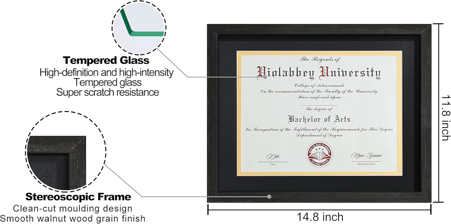 VIOLABBEY 11x14 Shadow Diploma Frames Matte Black, Fits 8.5x11 Certificate or 11x14 College Degree with or without Mat, HD Semi-tempered Glass, Wall or Tabletop Display (Black Gold Double)
