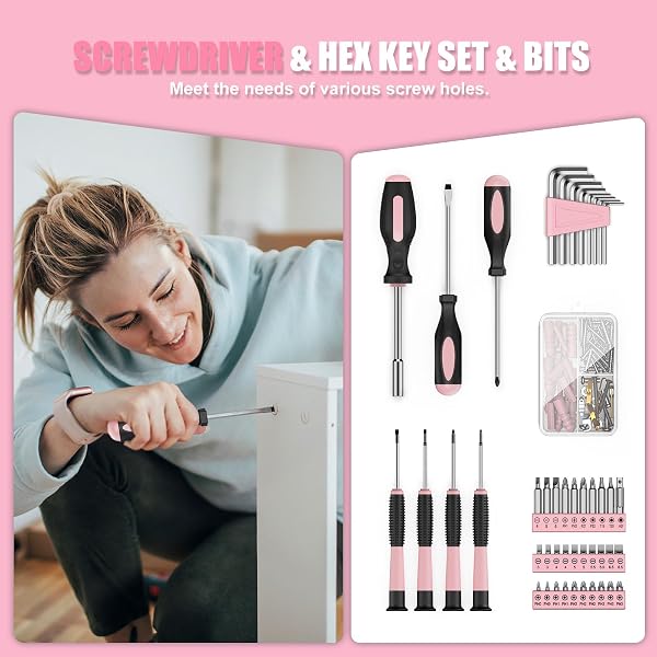 Sundpey Tool Kit with 12V Drill - Cordless Power Drill Tool Set - Protable General Basic Complete Home and Auto Repair Tools Set - Pink Tool Kit for Women with Wrench & Socket & Screwdriver Kit - 5