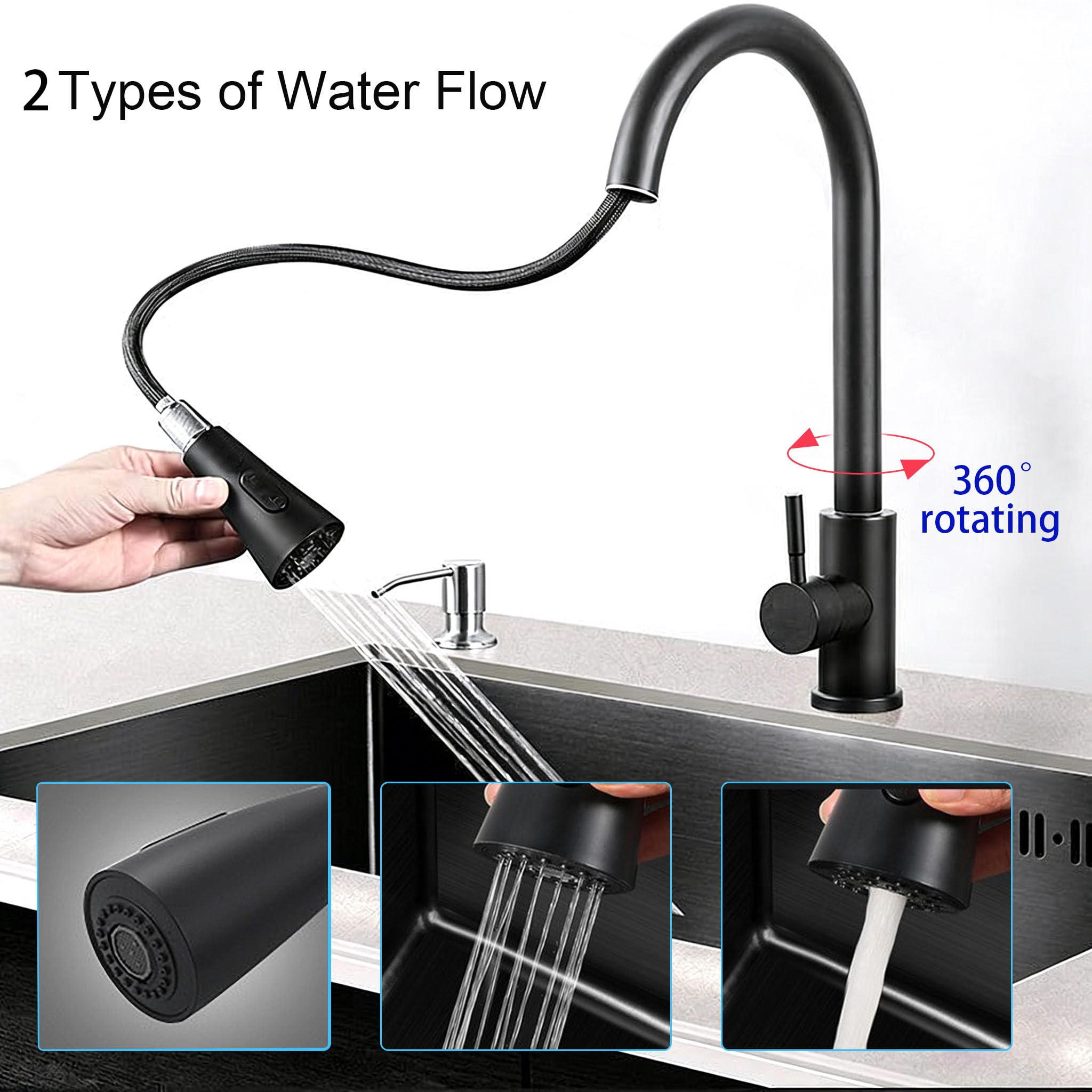 Fregadero de Cocina 1 Seno con Escurridor, Acero Inoxidable Negro, con Dispensador de Jabón para Baño, Viajes en Caravana, 68 * 45 * 20cm