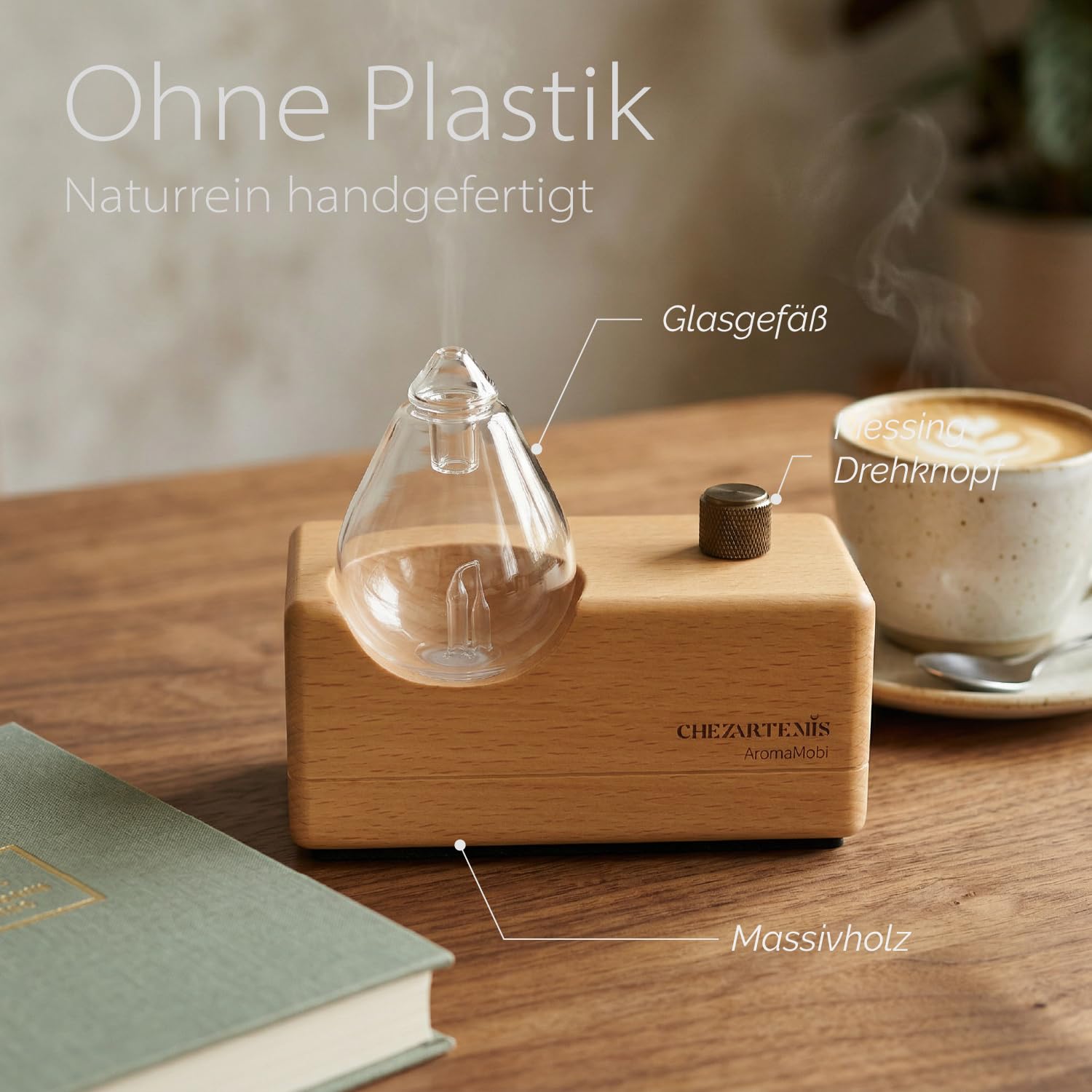 Watedrop Aroma Diffuser Kabellos, Wasserloser Diffusor für Aromatherapie, Elektrischer Duftöl Vernebler aus Glas & Holz, Tragbare Ätherische Öle Duftlampe für Große Räume Yoga Büro, Leise & Aufladbar