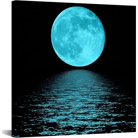 Conipit Moon Wall Art Teal Blue Framed Canvas 20''x20'' Full Moon Picture Blue Night Seascape Artwork Office Home Decoration Framed