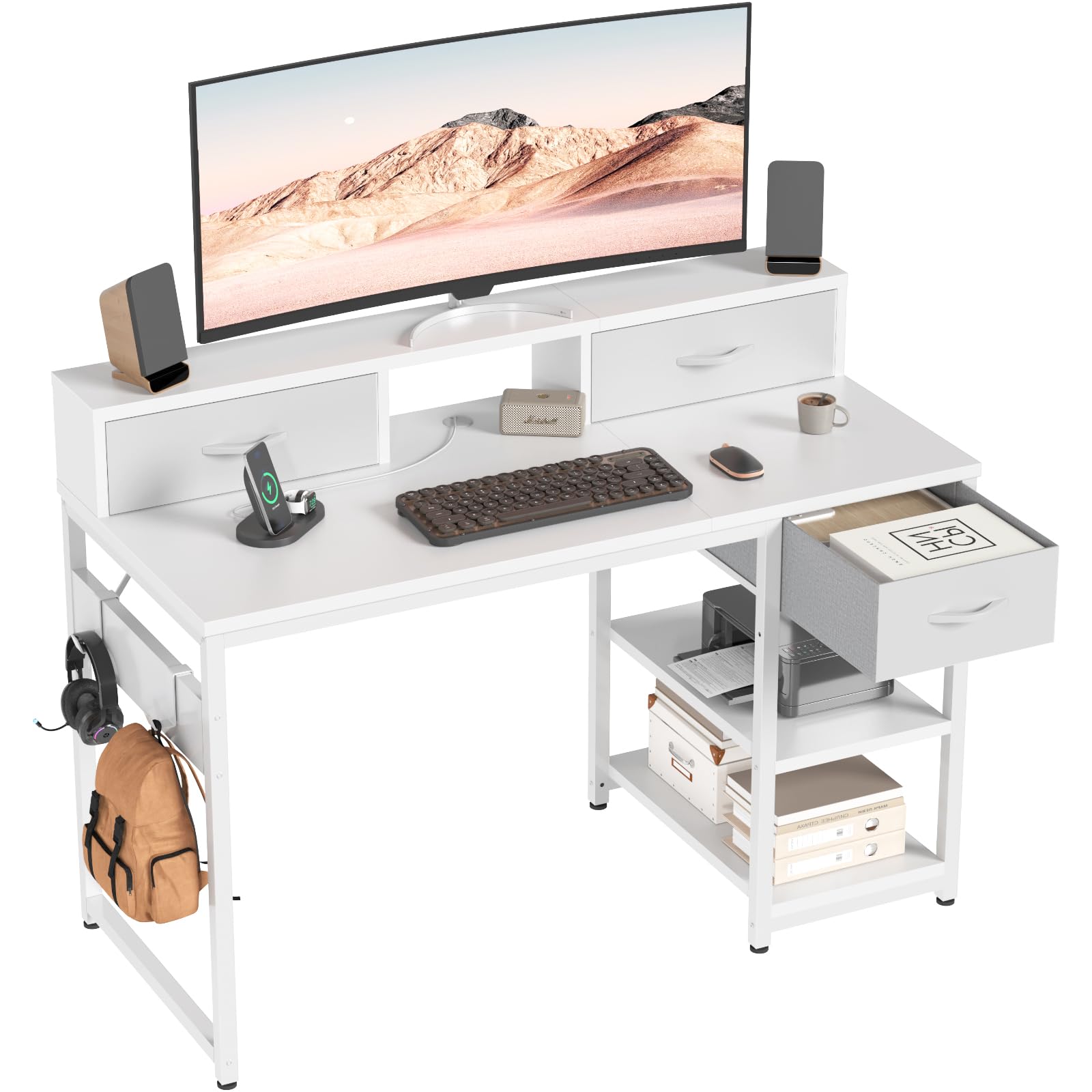 Devoko Escritorio con Cajones con Estante Reversible, Escritorio Ordenador con Almacenamiento, Soporte para Monitor, Orificio para Cables, 2 Estantes Ajustables y Cajón Inferior, 120 x 50 cm, Blanco