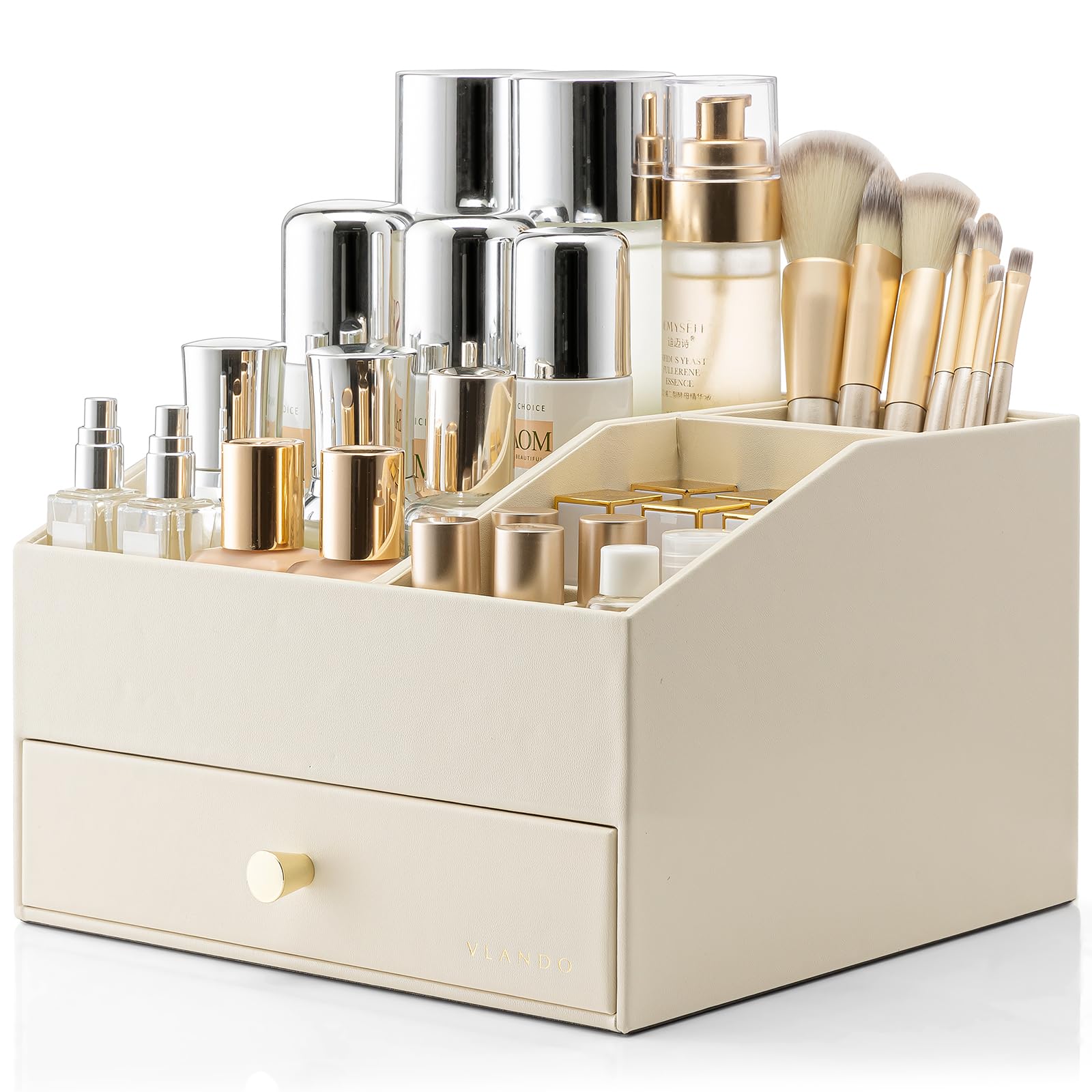 Vlando Organizer per trucchi con cassetti, organizer per cosmetici in pelle PU, organizer per profumi, grande espositore per rossetti, profumi, pennelli, regalo per donne, beige