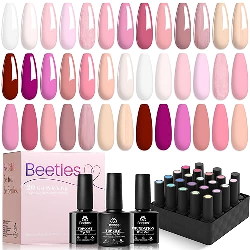 Beetles - Juego de 23 esmaltes de uñas de gel Dare to Bare Collection Nude Pink White Neutral Soak Off UV LED Lamp Necesita manicura con 3 piezas de