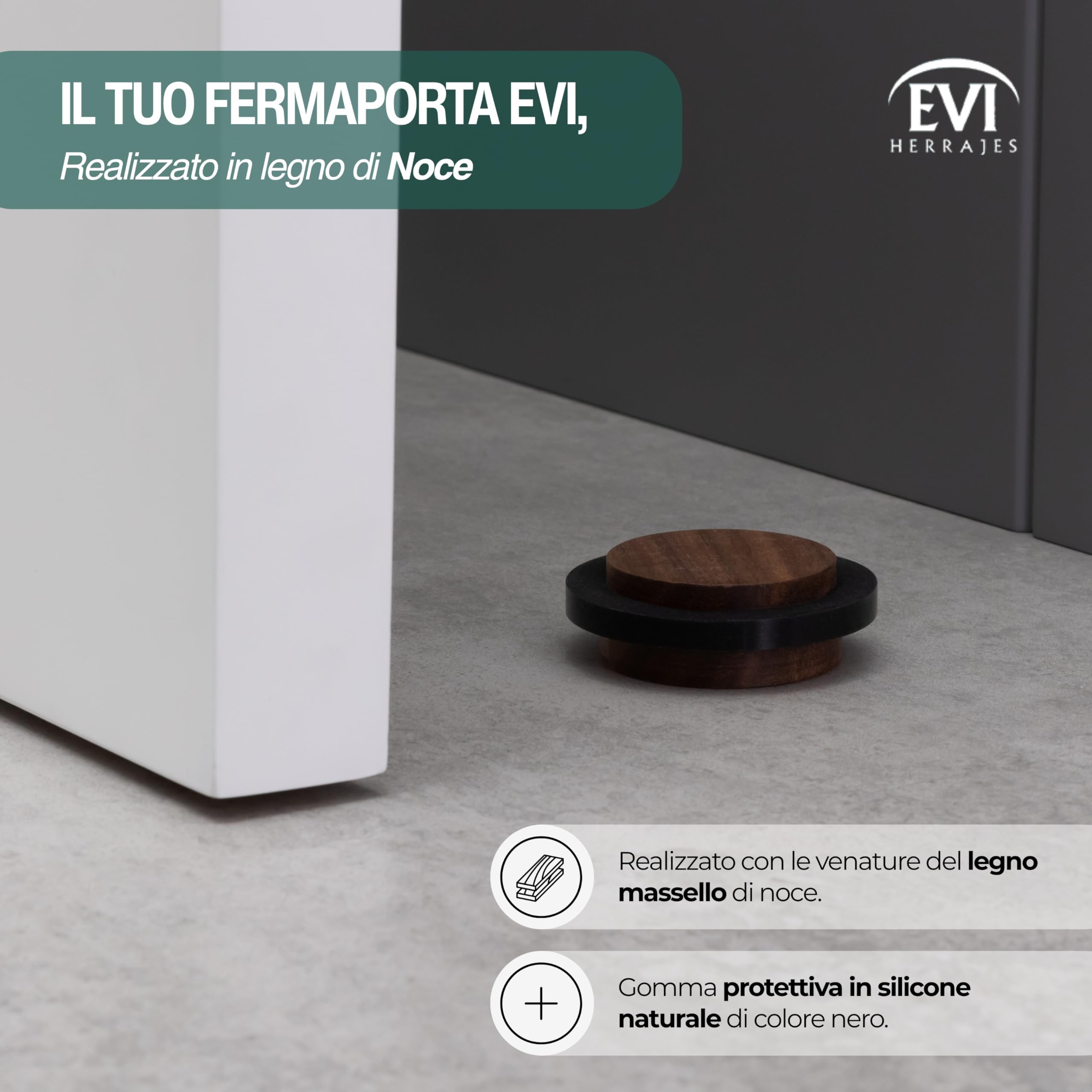 EVI Herrajes | Fermaporta in Legno | Legno di Noce con Gomma Nera | Ø47x22mm | Installazione Adesiva | Ottimo per il parquet | Mod.20345X19