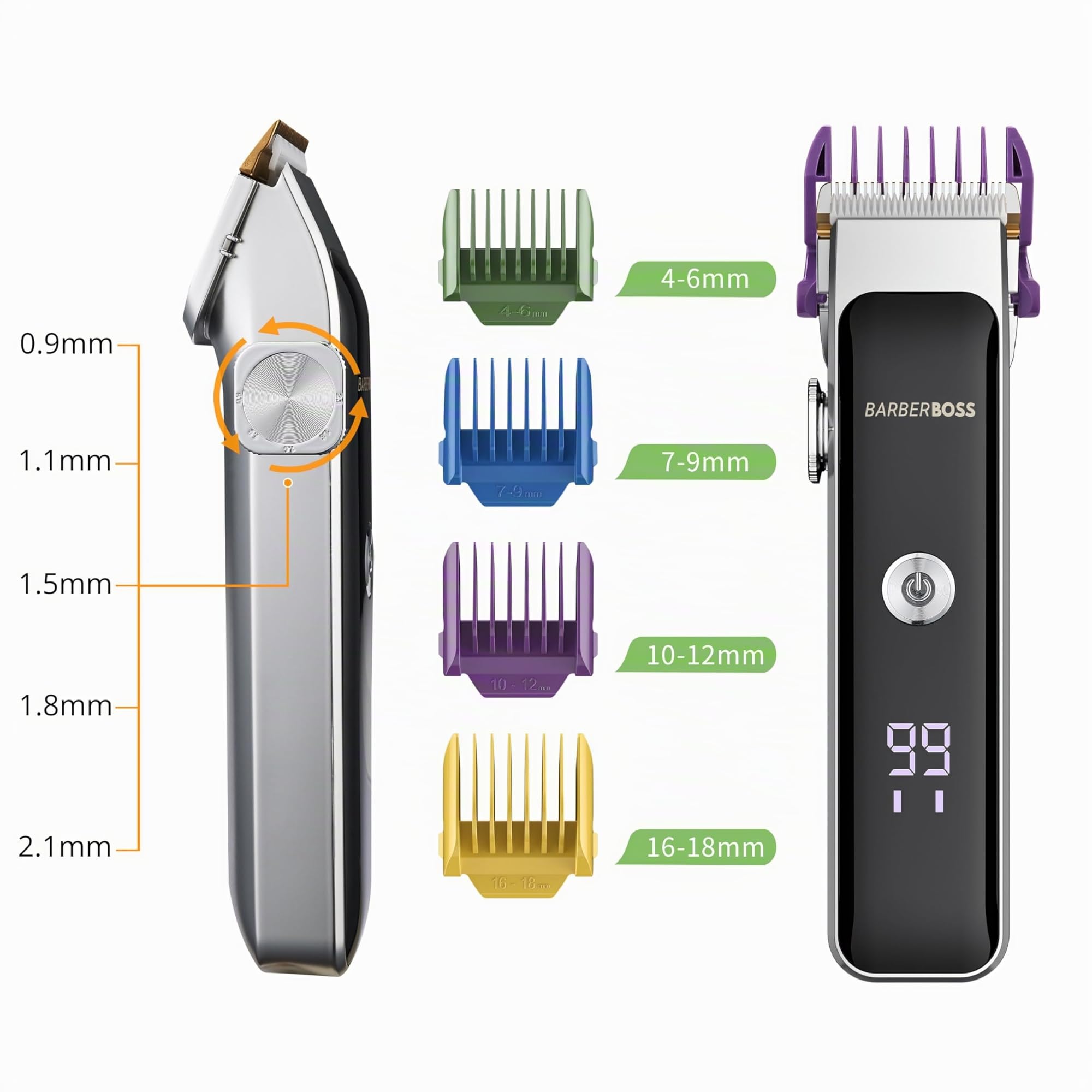 BarberBoss Professioneller Bart- und Haarschneider für Männer, Gesichtsschneider, Präzisionsknopf, 2 Geschwindigkeitseinstellungen, USB-Aufladung, Keramik- und Titanklinge, LED-Anzeige, QR-2089