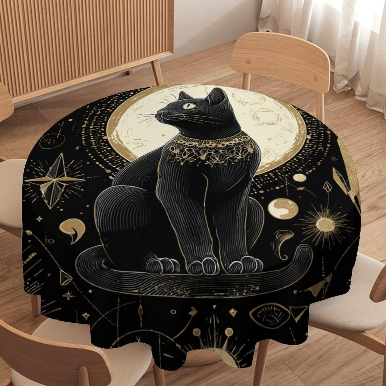 LUYYSKY Cute Rustic Animal Kitten Waterproof Round Tablecloth Beautiful Abstract Black Cat Constellation Moon Print Washable Table Cover for Kitchen-177.8" Wx177.8 L cm