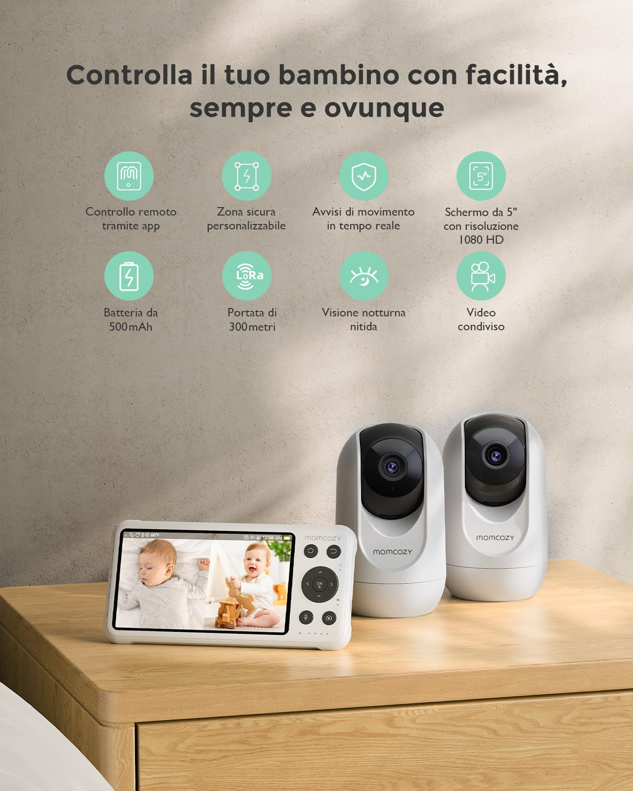 momcozy BM04 Baby Monitor video e audio con 2 Telecamere WiFi, 1080P 5" | 5000mAh Batteria, Zoom 4X, Visione Notturna Nitida, Audio Bidirezionale, Rilevamento Movimento, Supporto a Parete