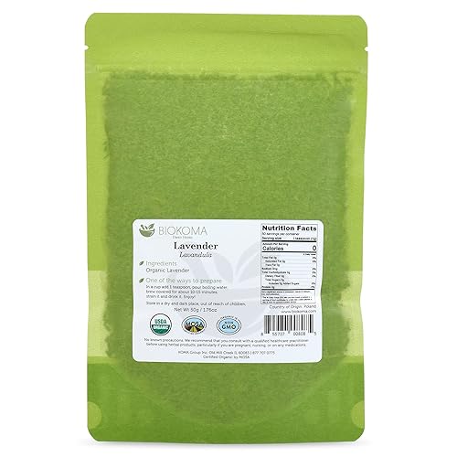 Miniatura 2 de Biokoma Flores secas de lavanda pura y orgánica (Lavandula), 1.76 oz (1.76 onzas) en bolsa resellable a prueba de humedad, certificado orgánico por