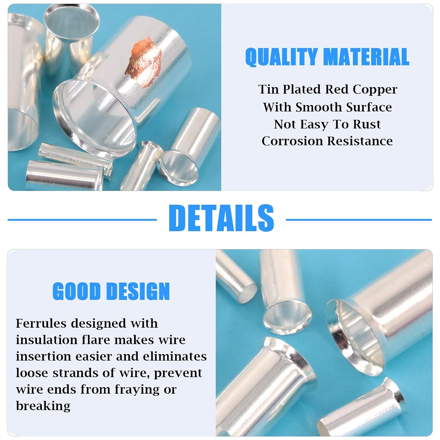 Glarks 166Pcs 8 Sizes AWG 12 10 8 6 4 2 1 2/0 Wire Ferrules Kit Silver Plated Copper Crimp Connector Non Insulated Ferrules Pin Cord End Terminals Assortment Kit