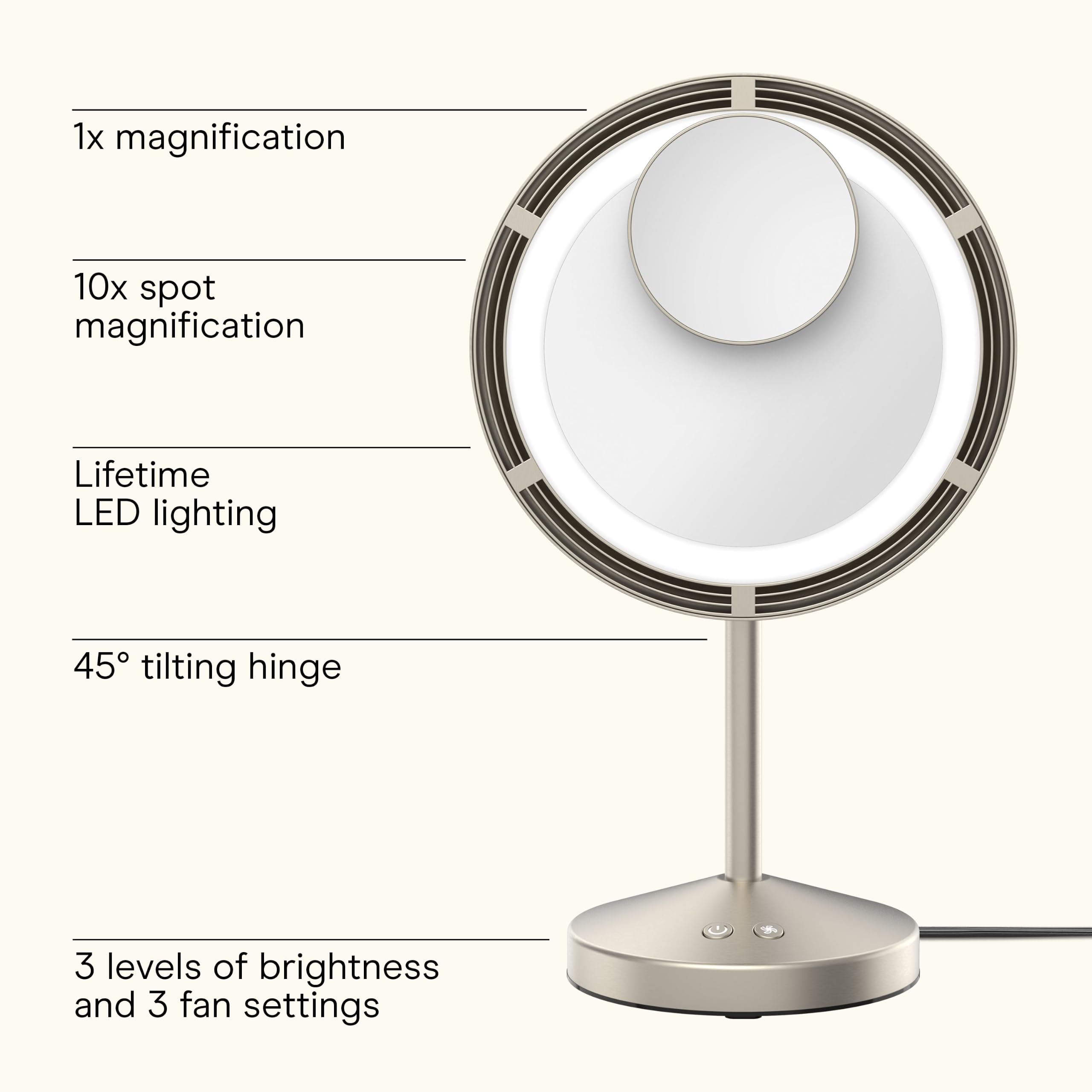 Conair Espejo de Maquillaje con Ventilador Iluminado LED con Aumento de Manchas, Espejo de Maquillaje con luz y Ventilador con 3 ajustes, área de visualización de 15 cm, Acabado de níquel Satinado | Ventilador integrado e iluminación LED de por vida con a